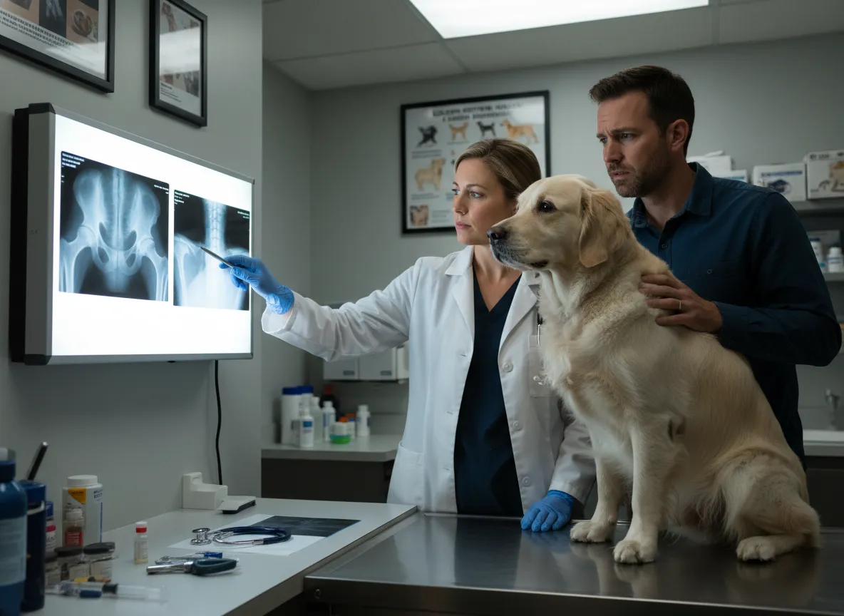 Veterinarian examining x rays with a concerned cream golden retriever owner