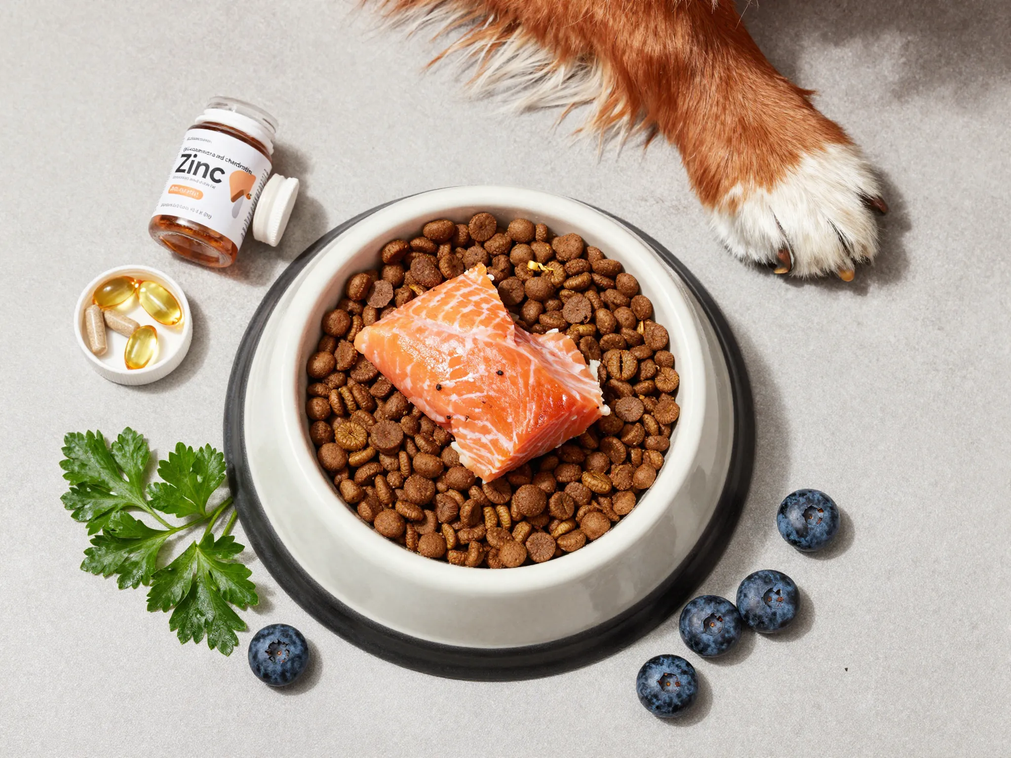 Premium dog food salmon omega3 glucosamine supplements bowl