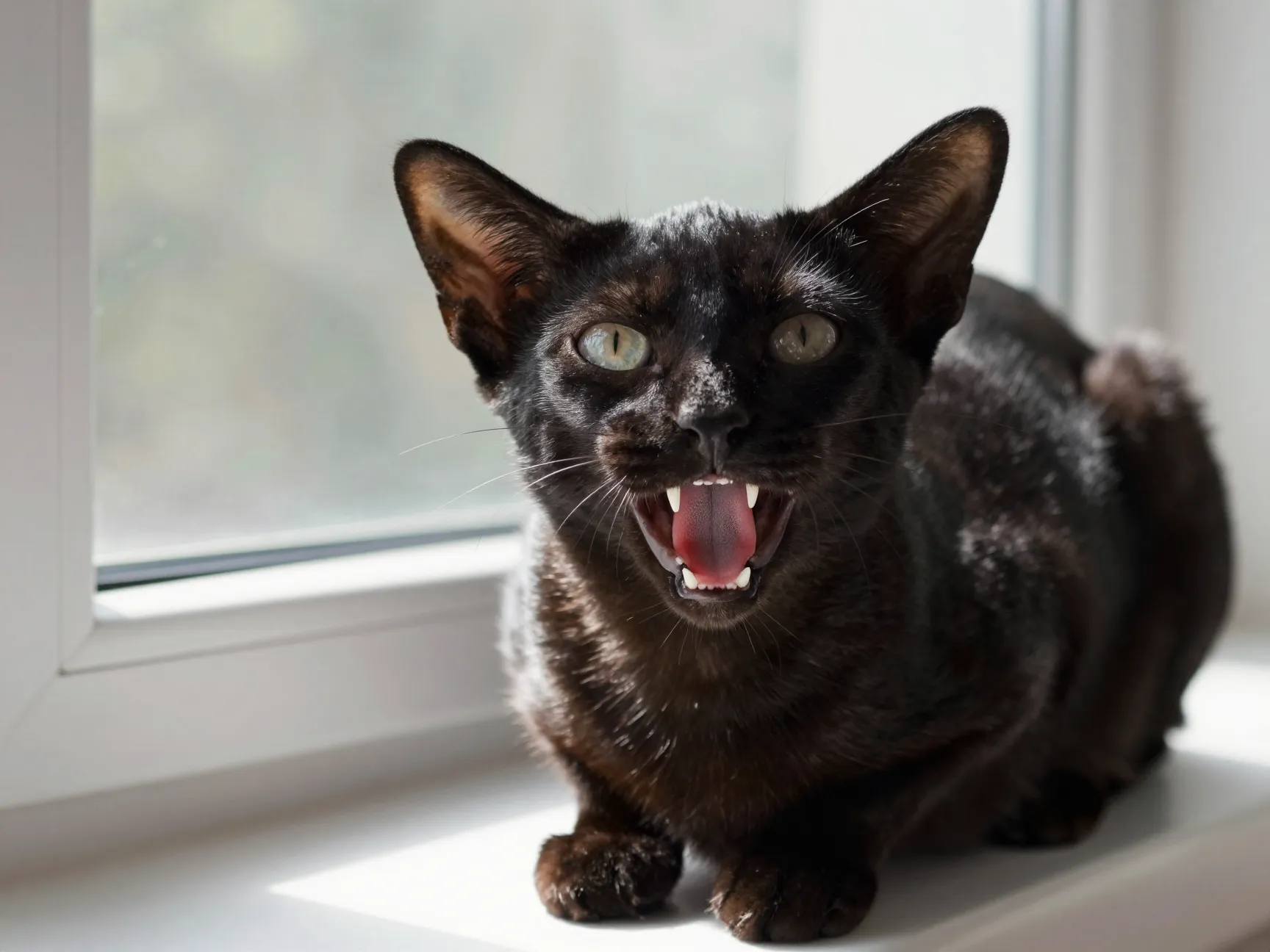 Sleek oriental shorthair black cat vocalizing on a windowsill