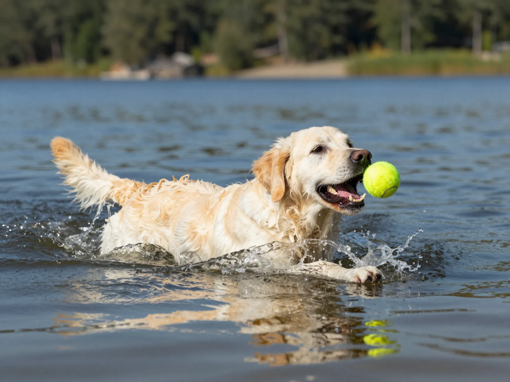 Energetic cream golden retriever swimming in a lake retrieving a ball