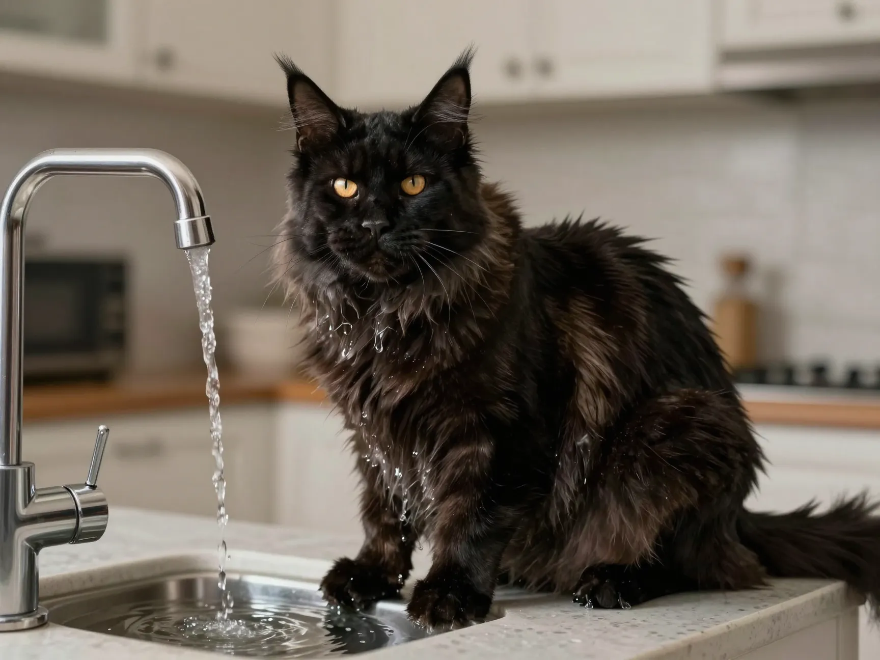 Majestic black maine coon cat with tufted ears near water