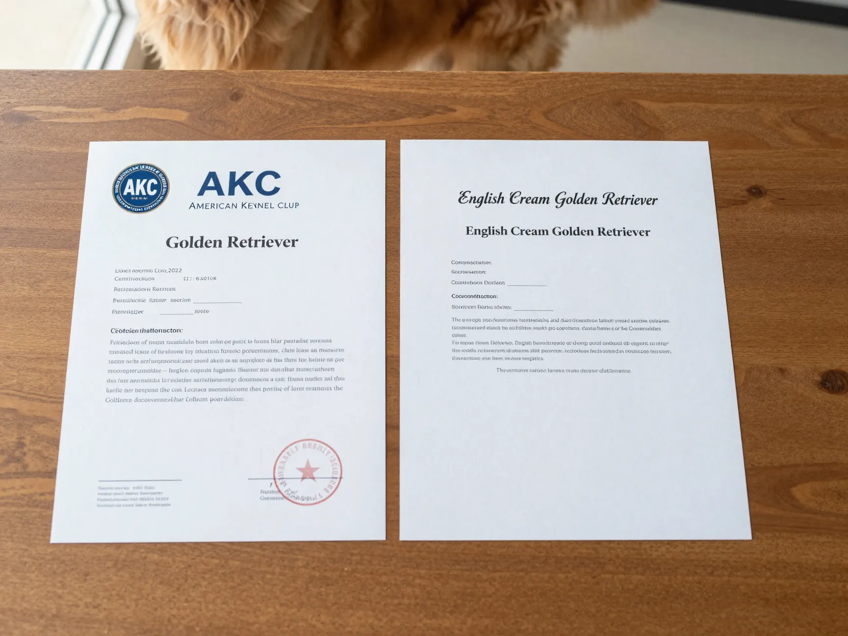 Official akc certificate for a golden retriever next to a generic registration paper
