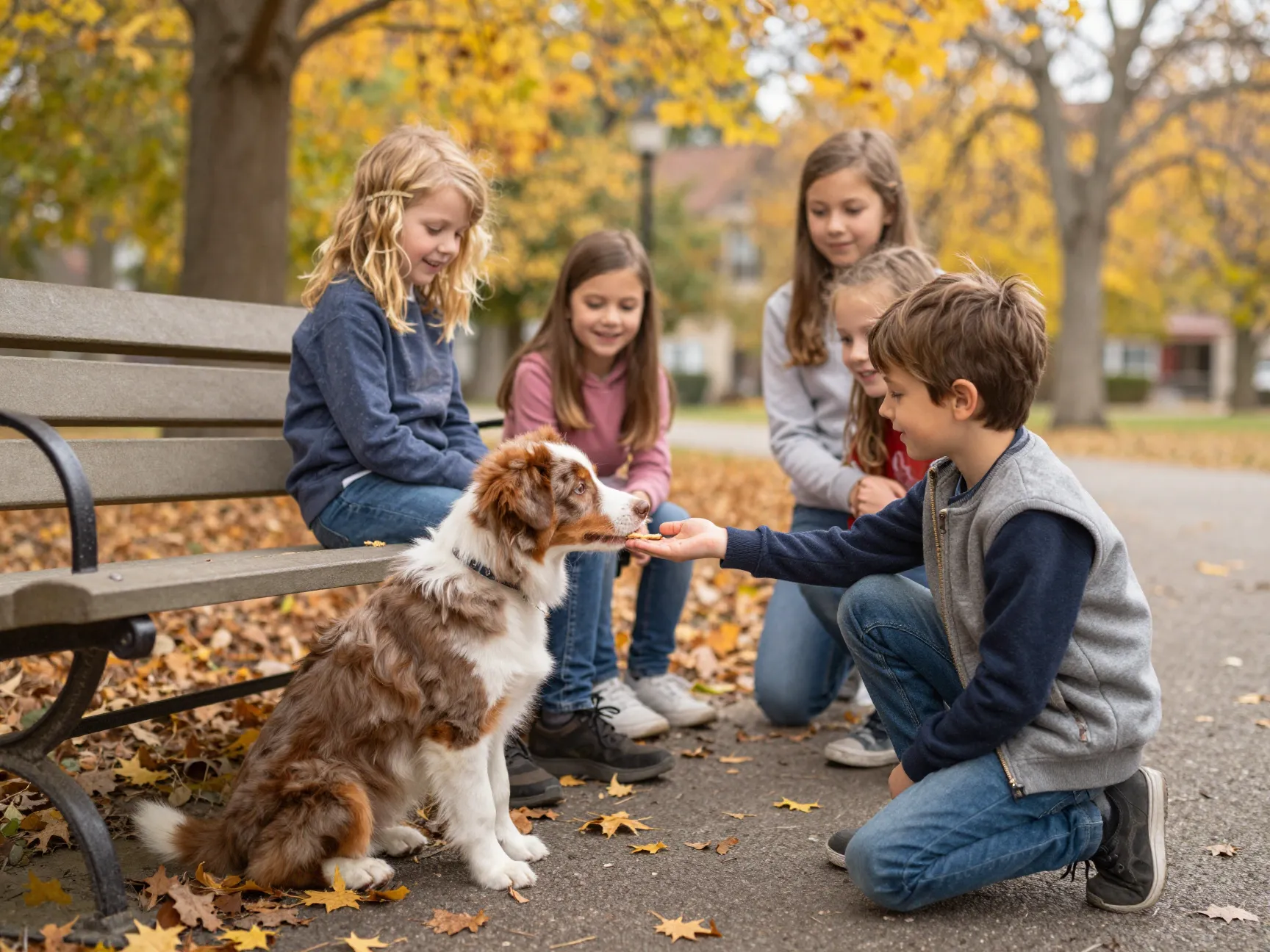 Red merle mini aussie puppy socializing children park treat