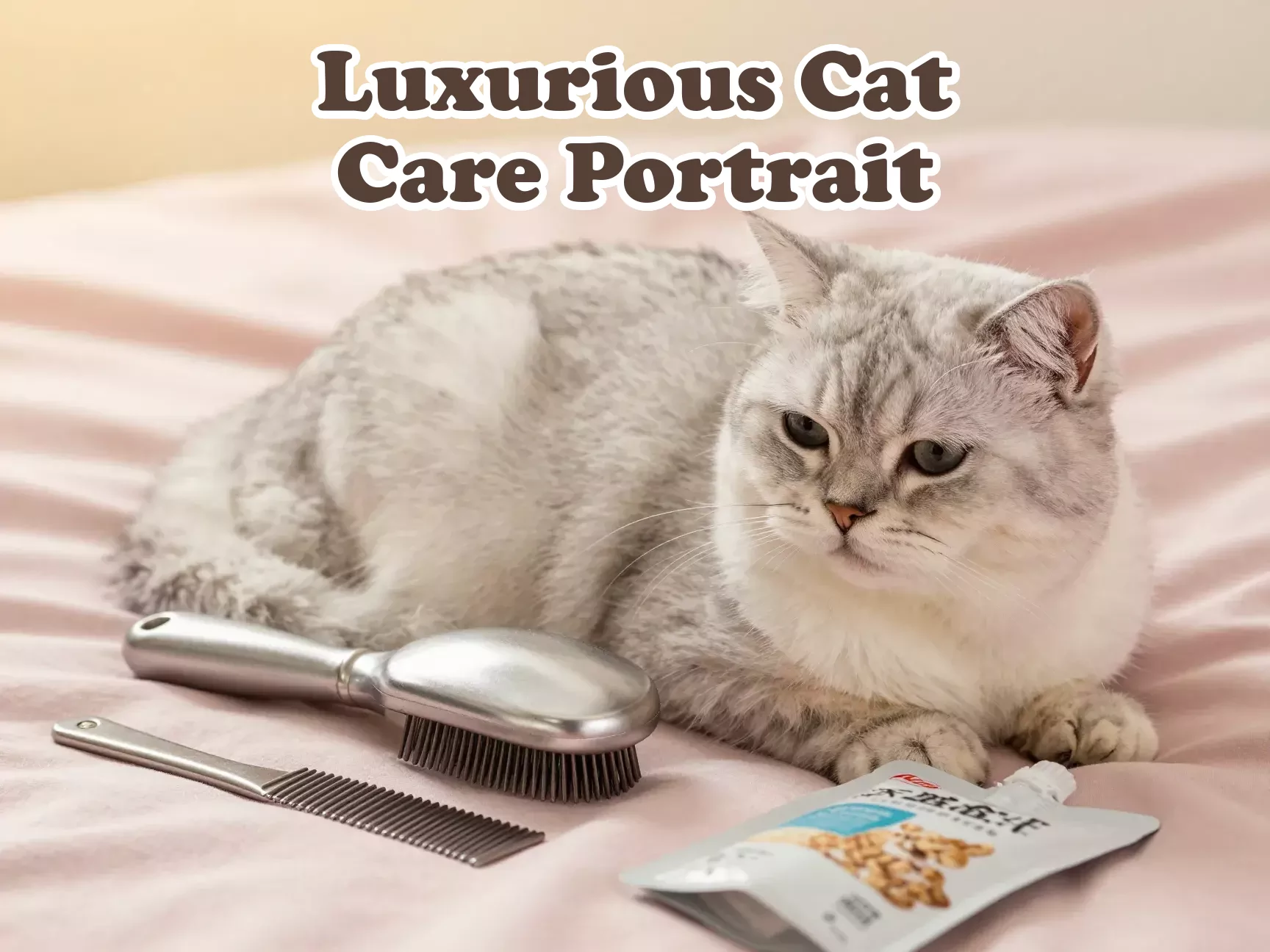 Domestic longhair cat content with grooming tools and supplies main