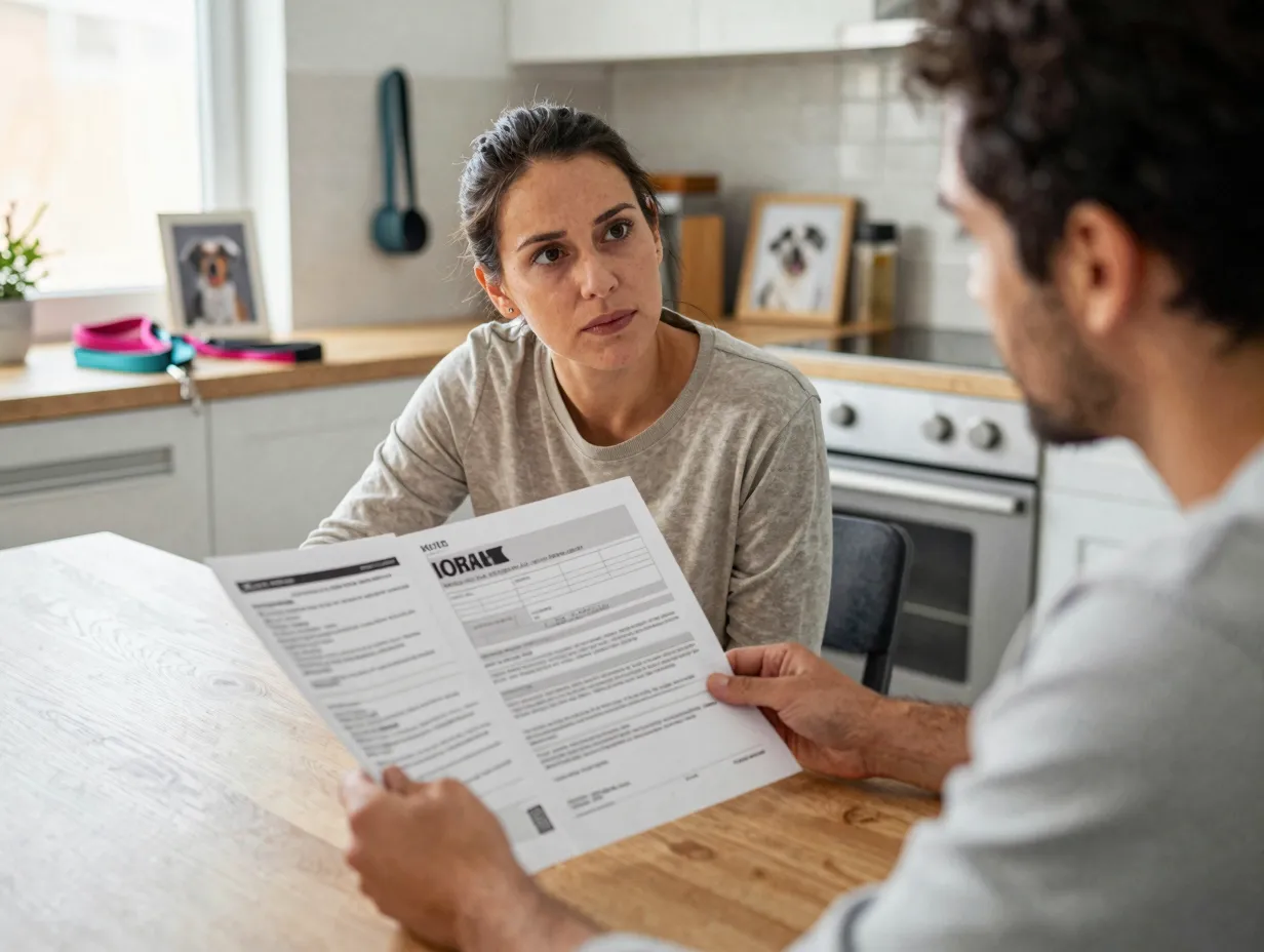 Concerned buyer reviews health documents while visiting breeders clean home facility