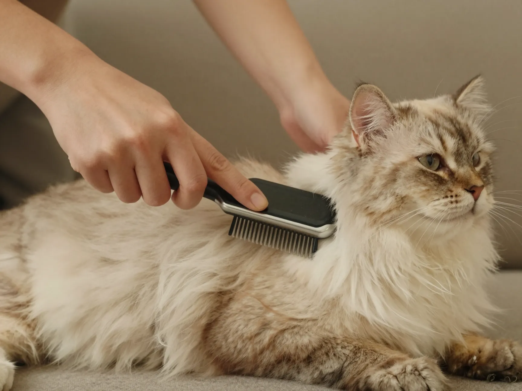 Person brushing domestic longhair cat with slicker brush and comb