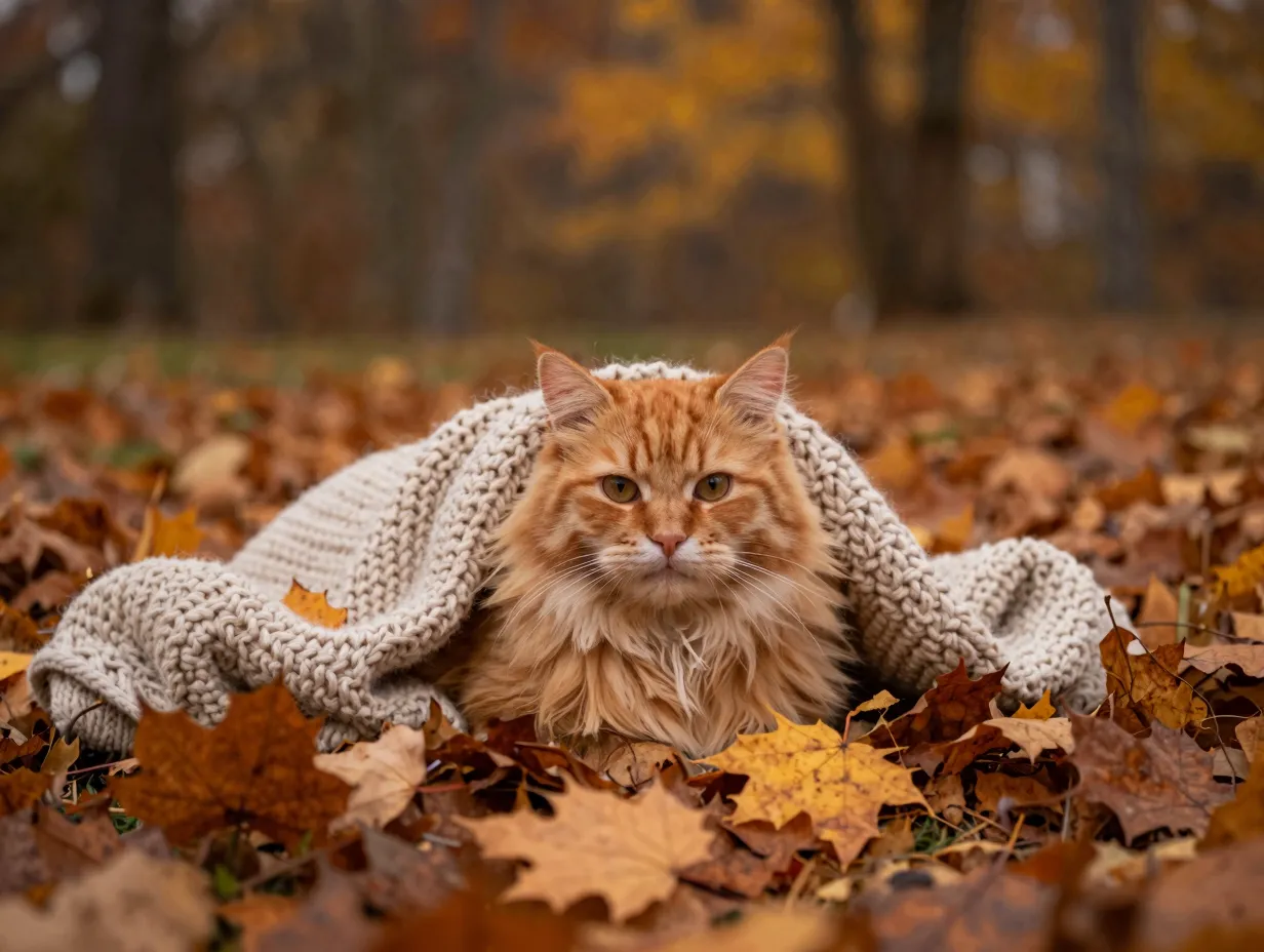 Fluffy orange cat nestled autumn leaves knitted blanket cozy scene