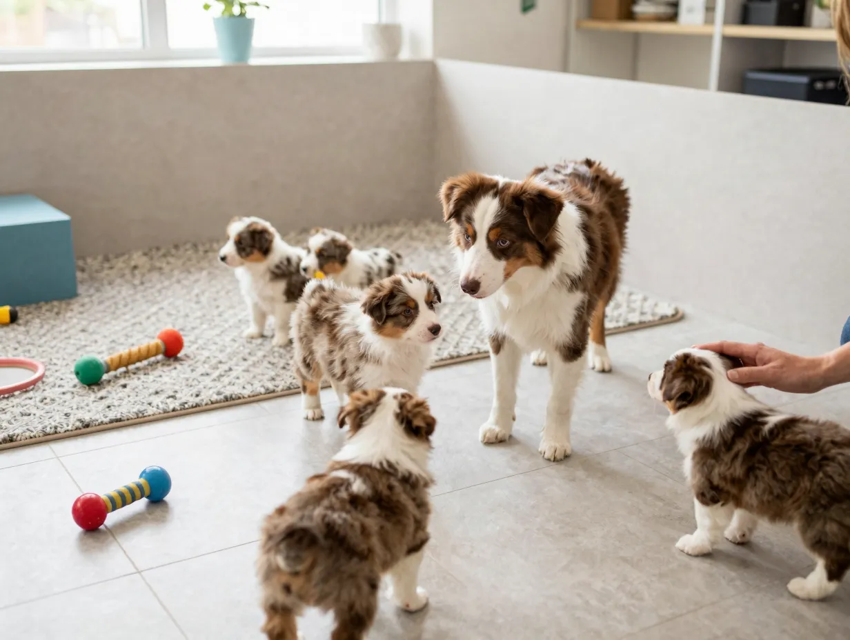 Mini aussie puppy and mother interacting in a clean home socialization space