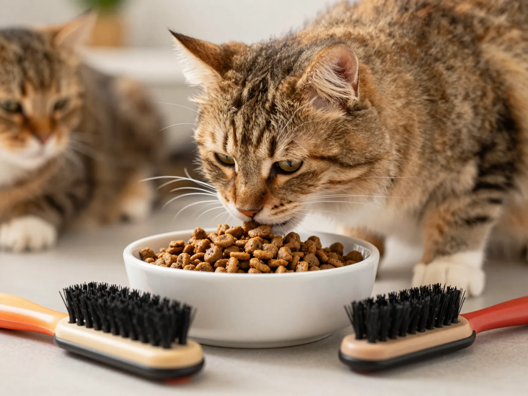 Longhair cat eating high quality food with grooming brush nearby