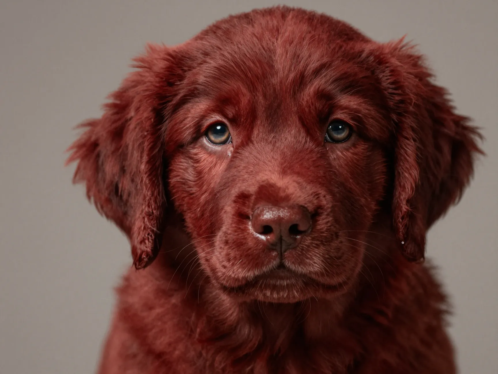 Rare dark red coated miniature golden retriever puppy close up portrait