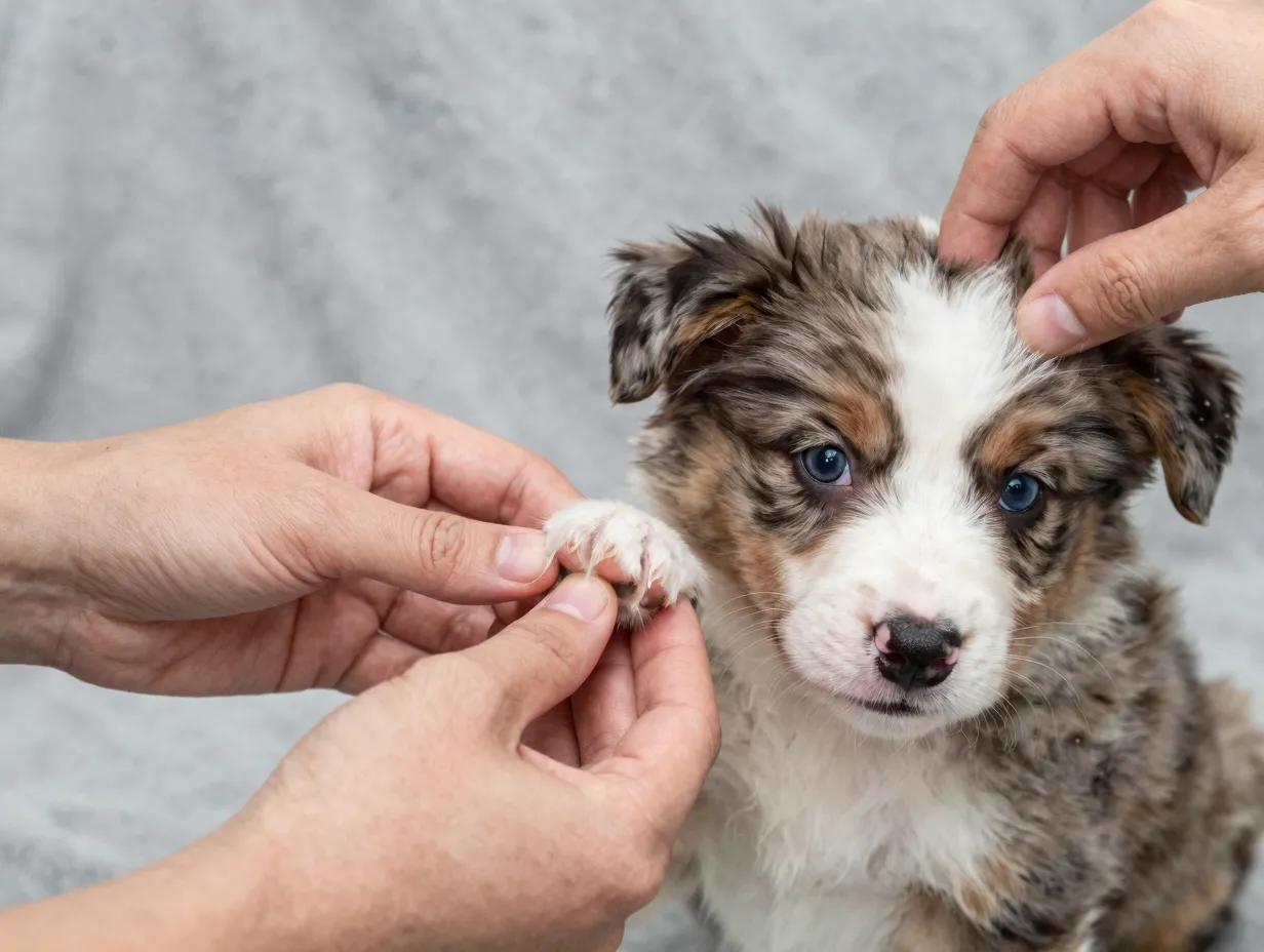 Mini aussie puppy experiencing early socialization with gentle handling
