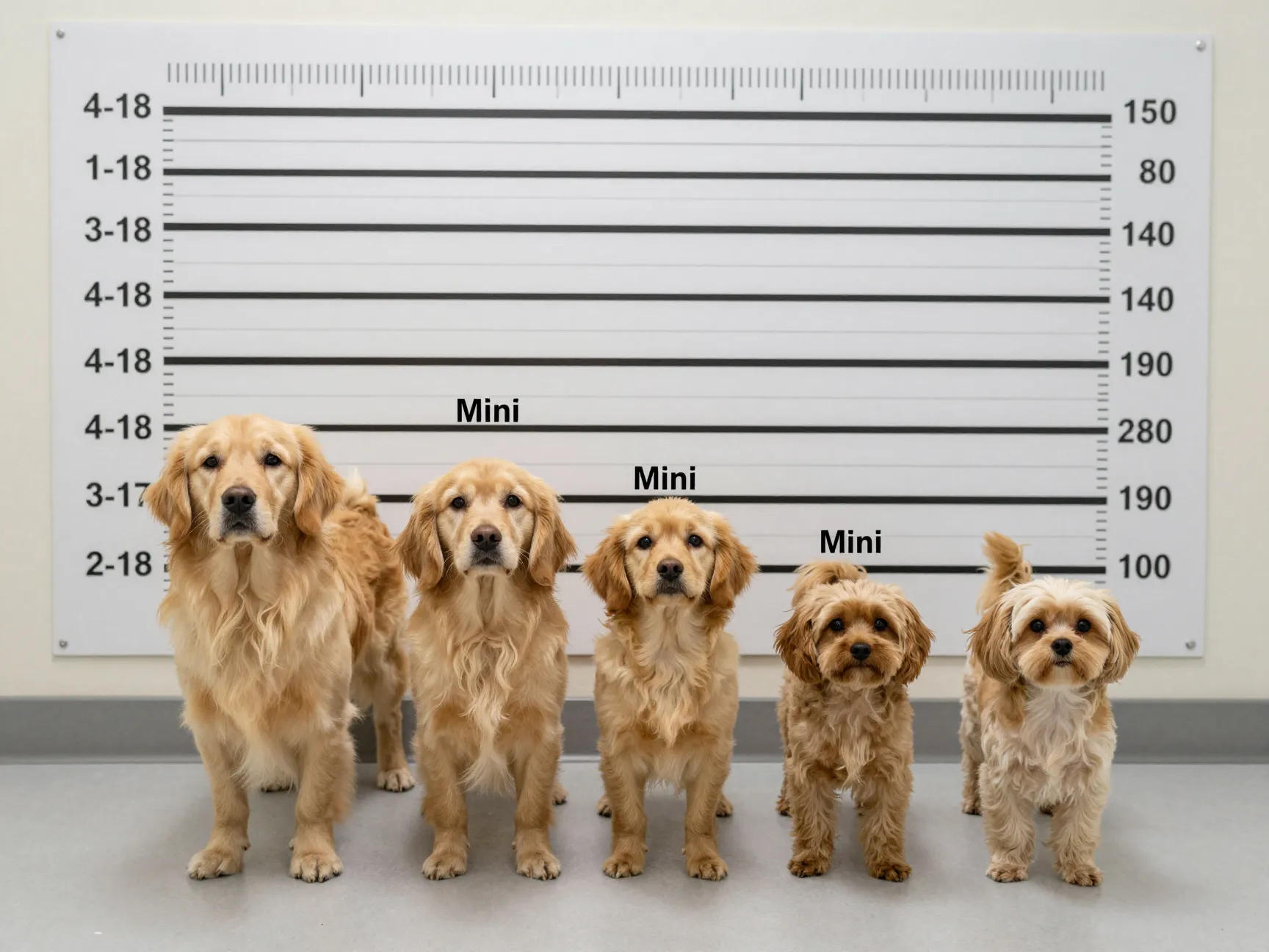 Three miniature golden retrievers demonstrating toy petite and small sizes