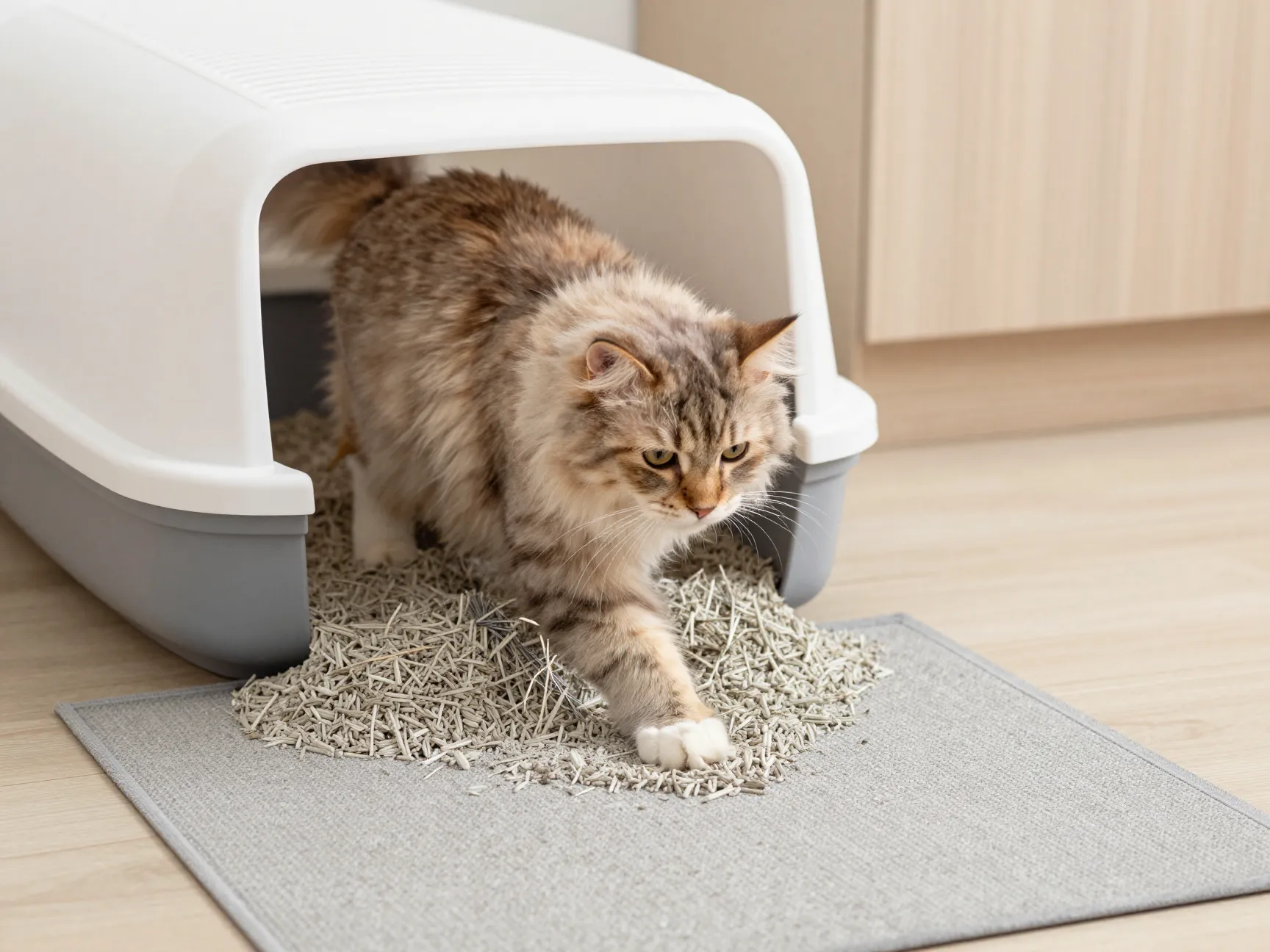 Clean litter box with longhair cat exiting onto litter mat