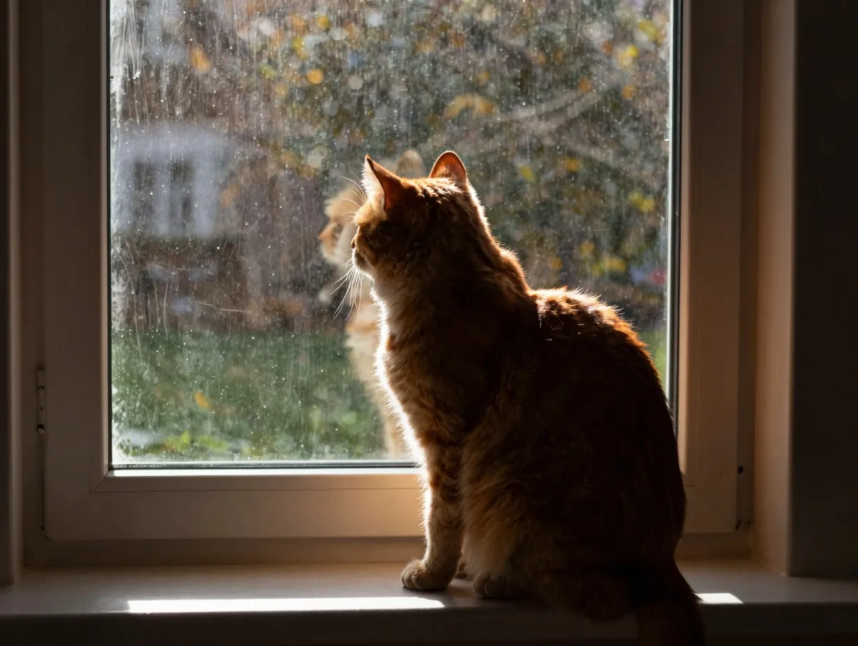 Ginger cat silhouetted sunlit window warm rays peaceful atmosphere