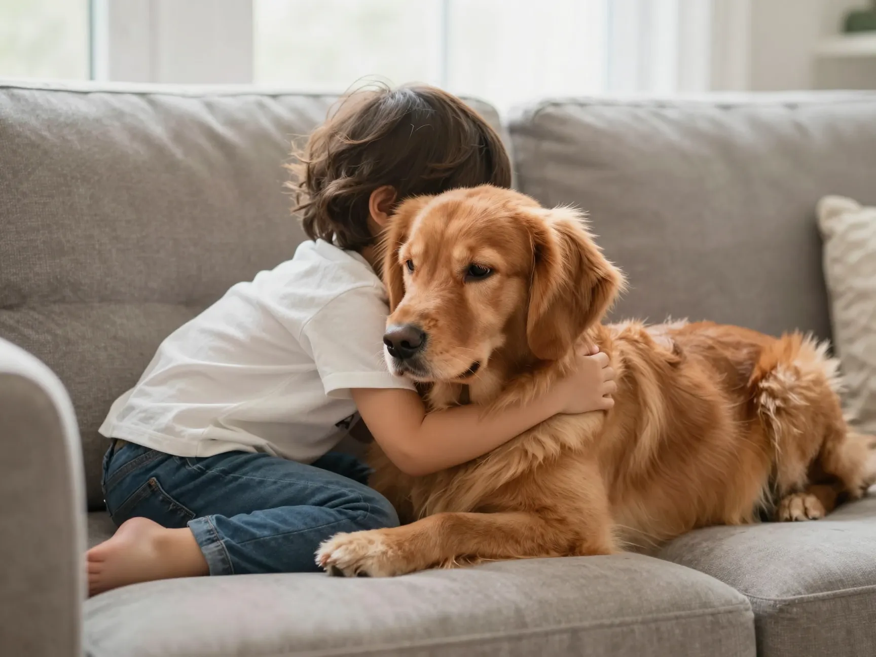 Mini red golden retriever comforting a child on a living room couch