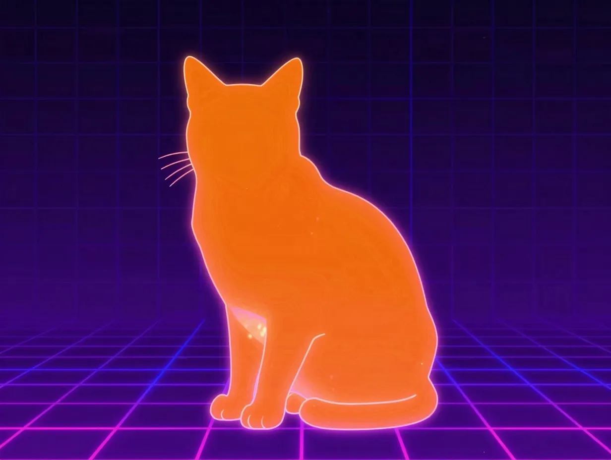 Neon synthwave orange cat glowing silhouette dark grid background art