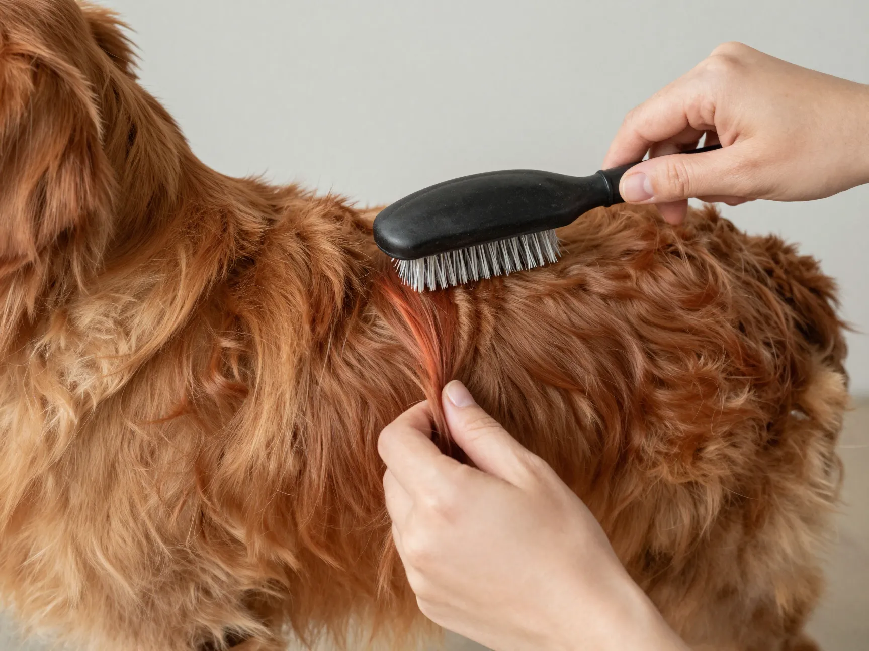 Person brushing a miniature red golden retrievers dense double coat