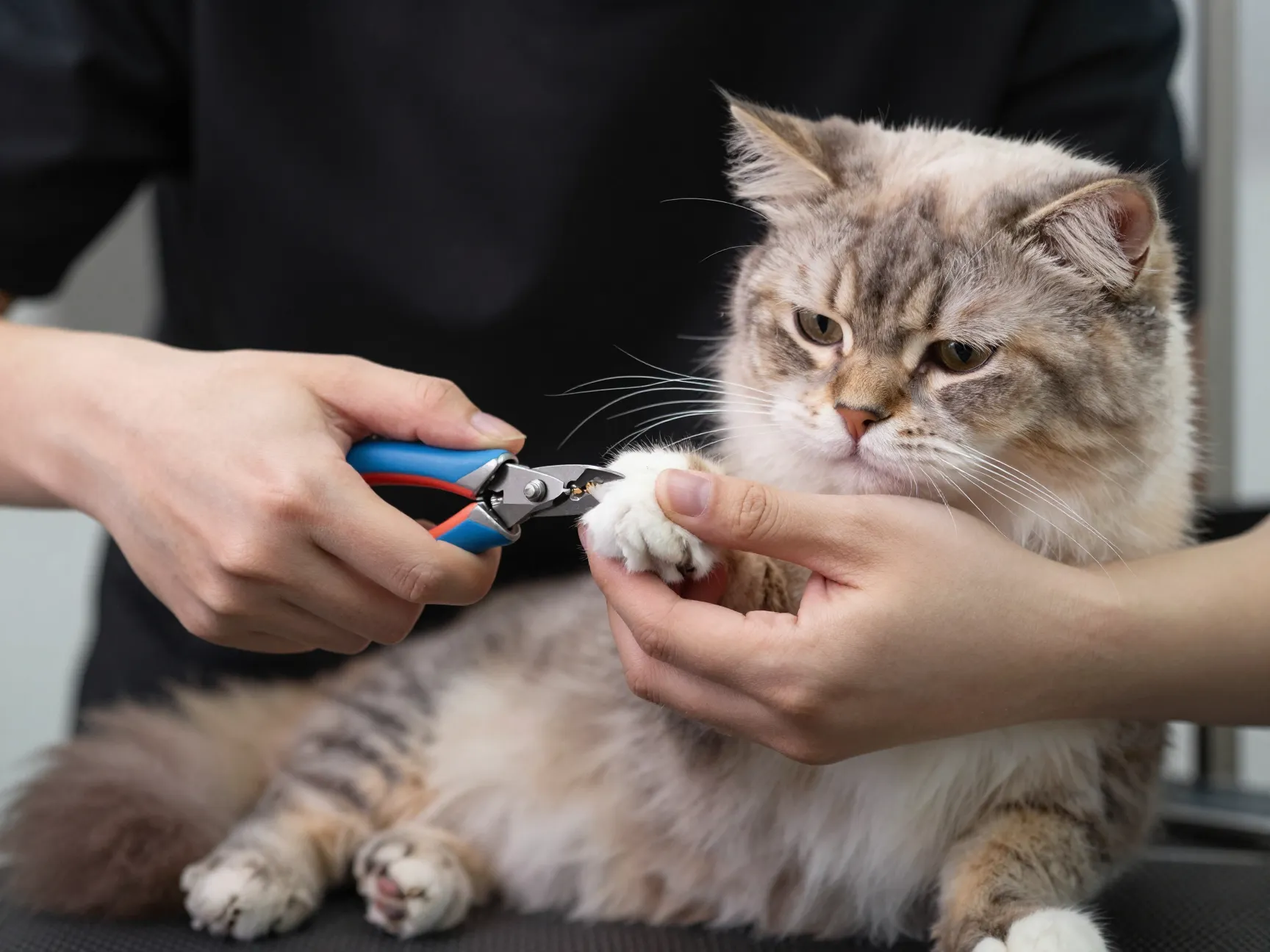 Professional groomer trimming longhair cat nails on table