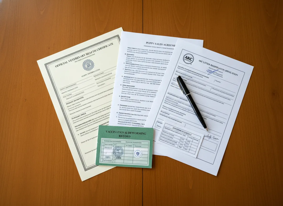 Stack of official puppy documentation including health certificates and contract
