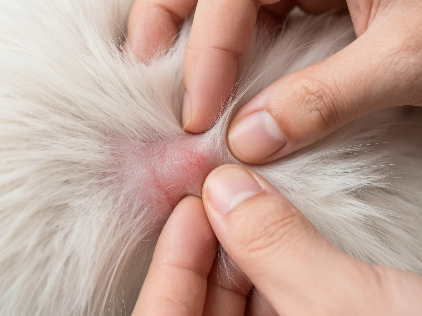 Macro close up hands parting longhair cat fur inspecting skin