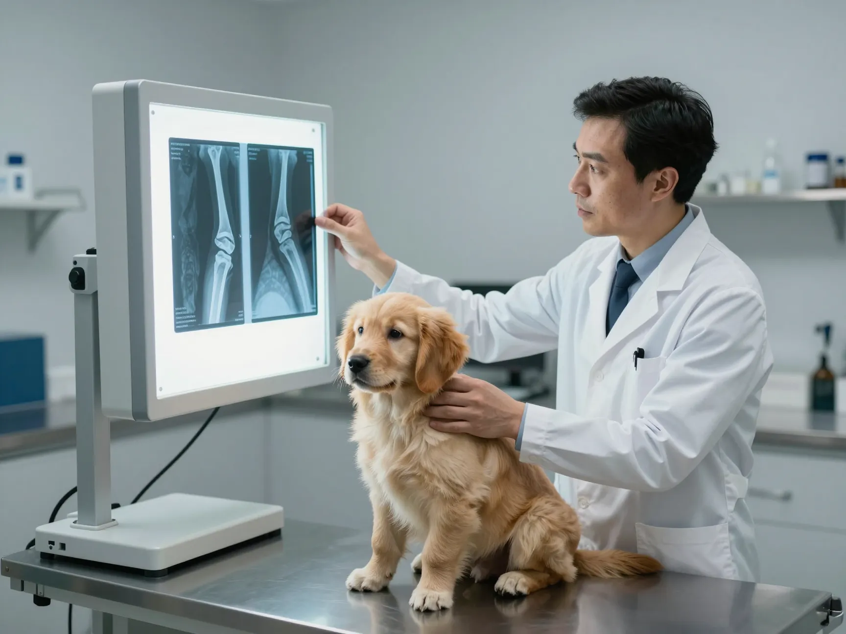 Veterinarian examining xray with miniature golden retriever puppy present