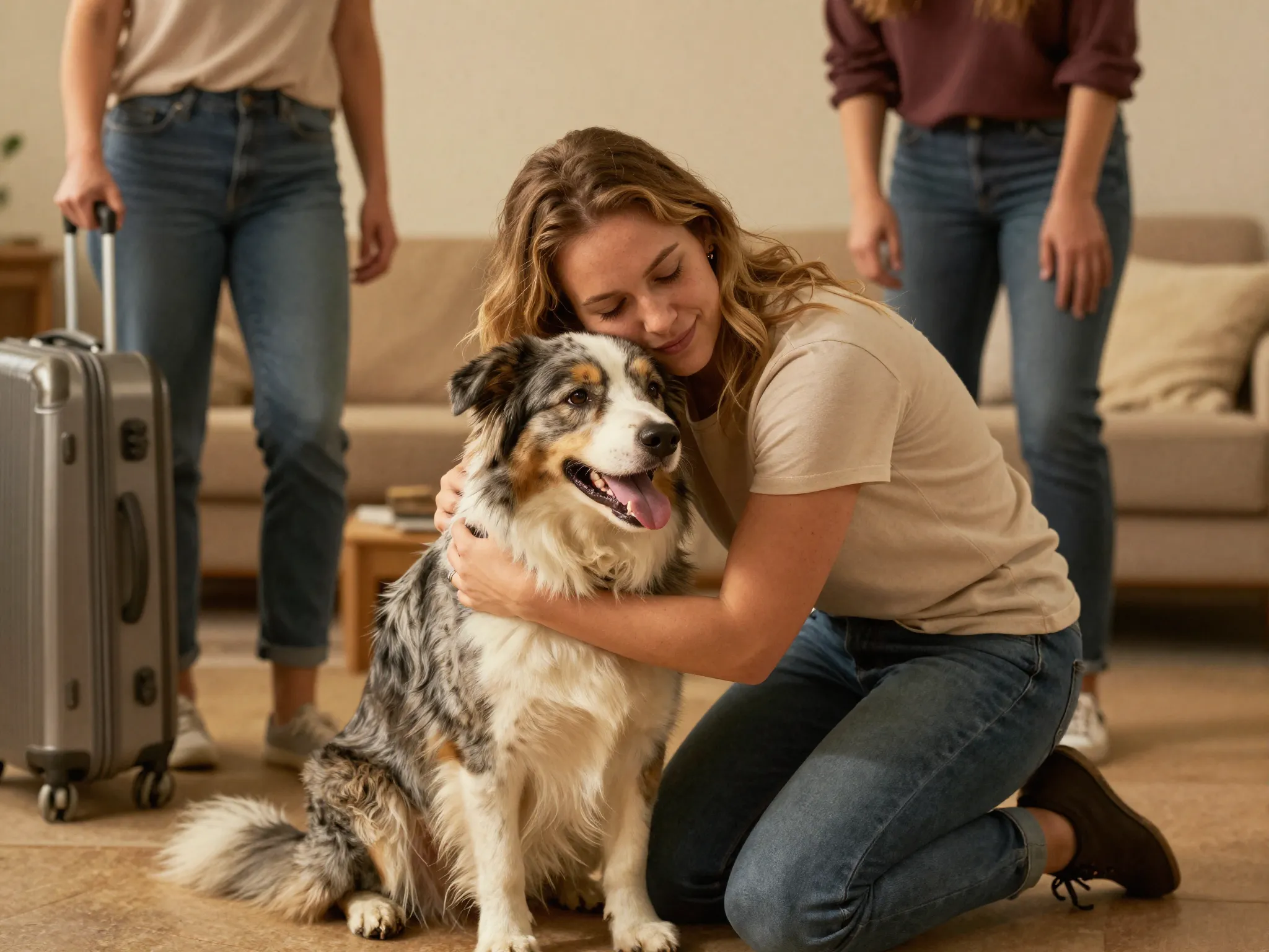 Warm image of a breeder welcoming back an adult dog for lifetime rehoming
