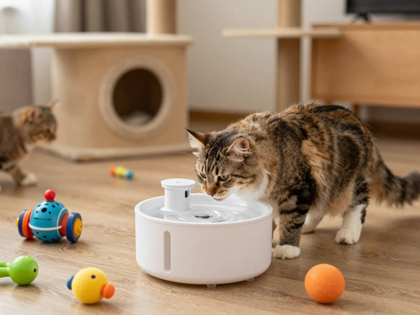 Longhair cat drinking from fountain with toys and cat tree