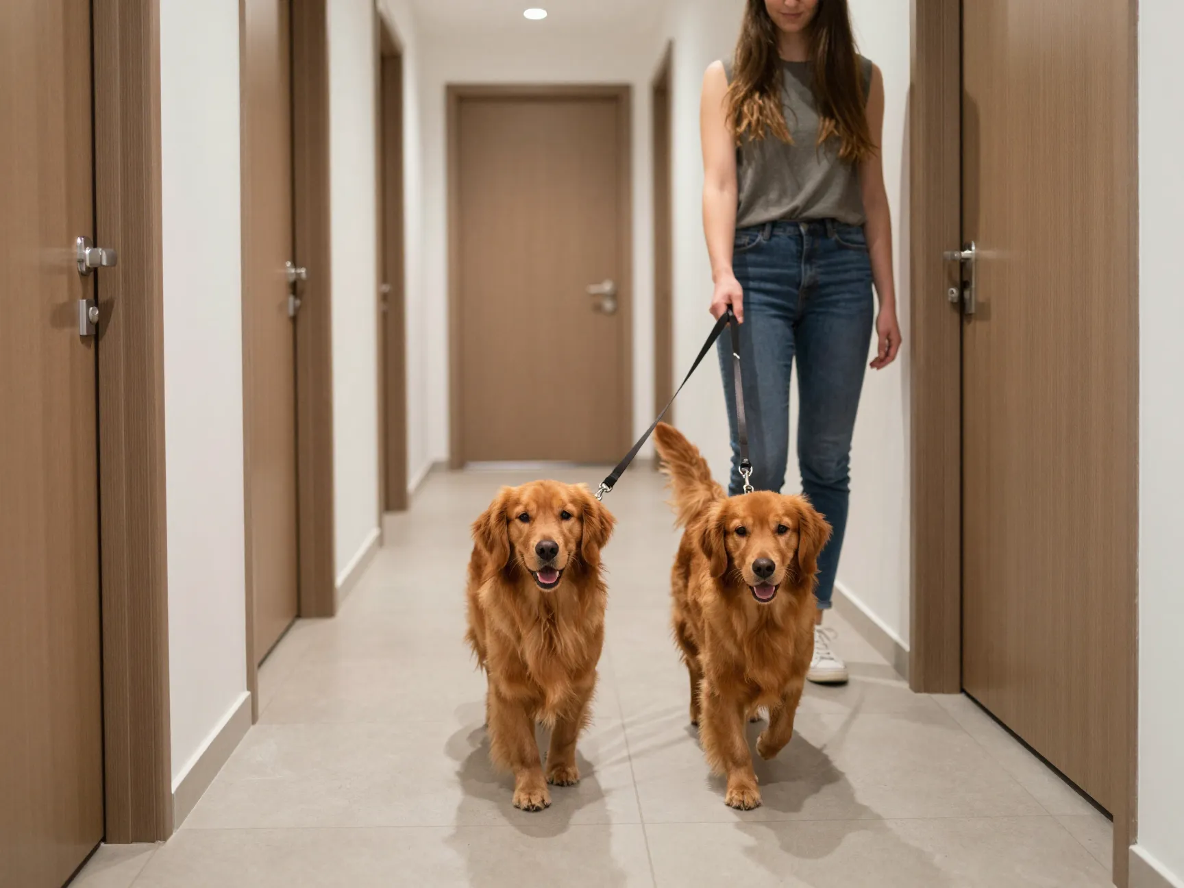 Miniature red golden retriever on leash in an urban apartment hallway