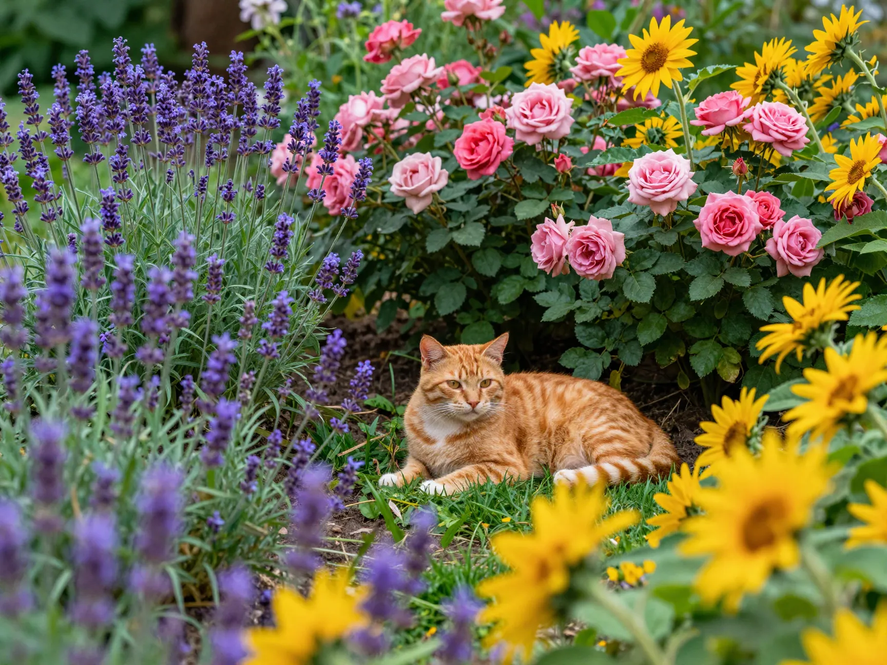 Orange cat lounging lush floral garden lavender roses sunflowers vibrant