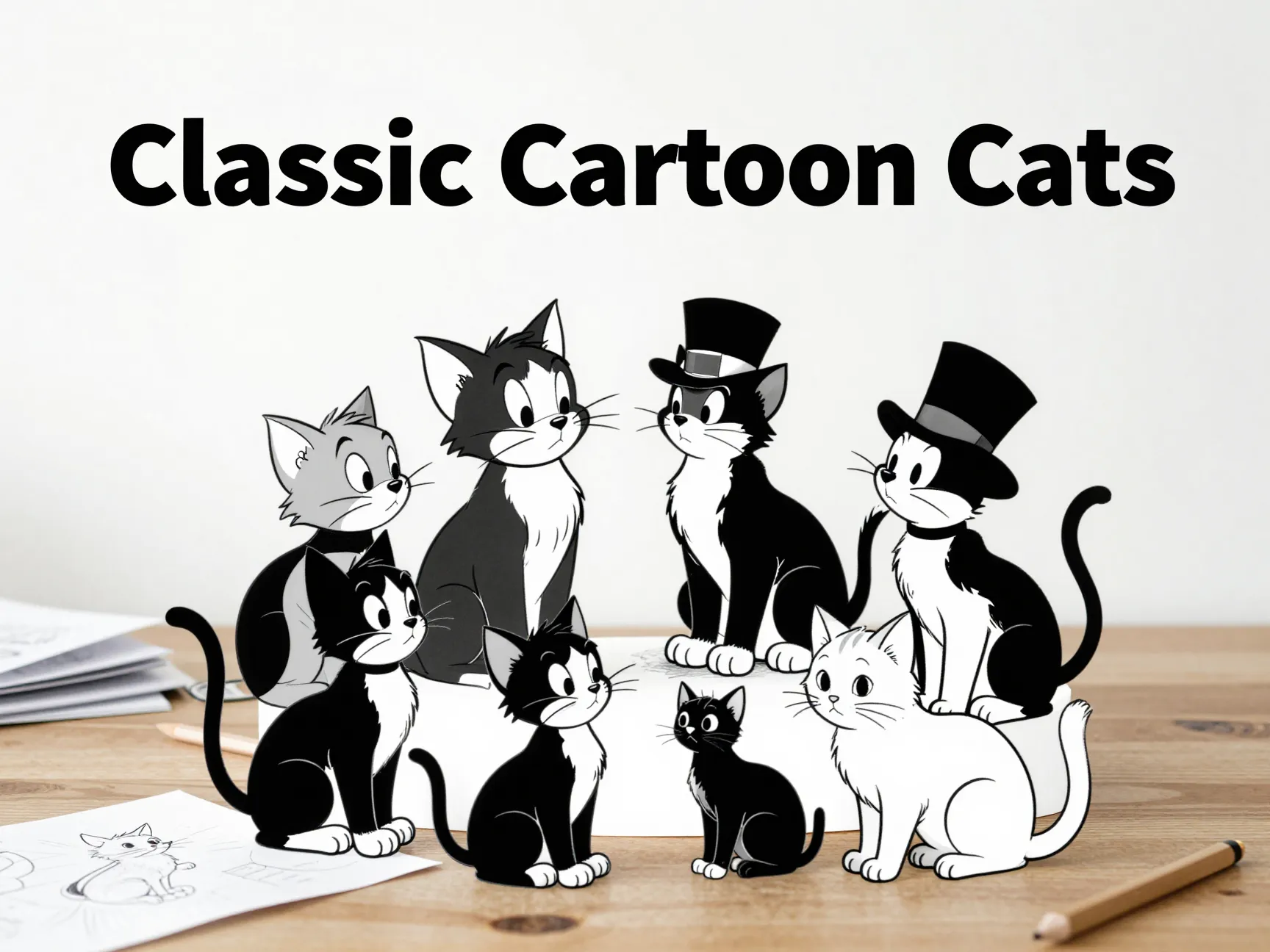 Eight classic black white cartoon cat flat lay illustration