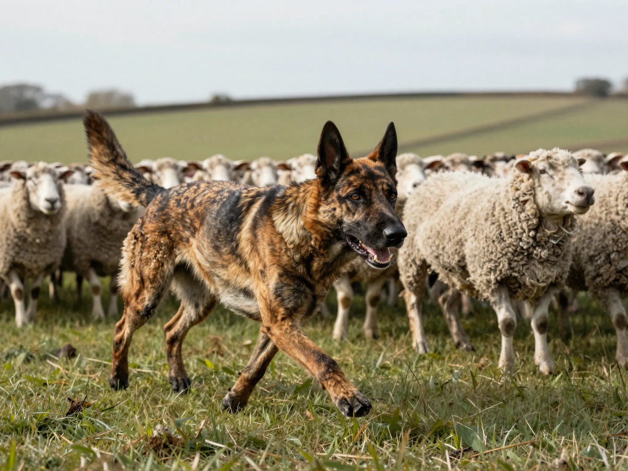 A brindle dutch shepherd herding sheep in a timeless european pasture