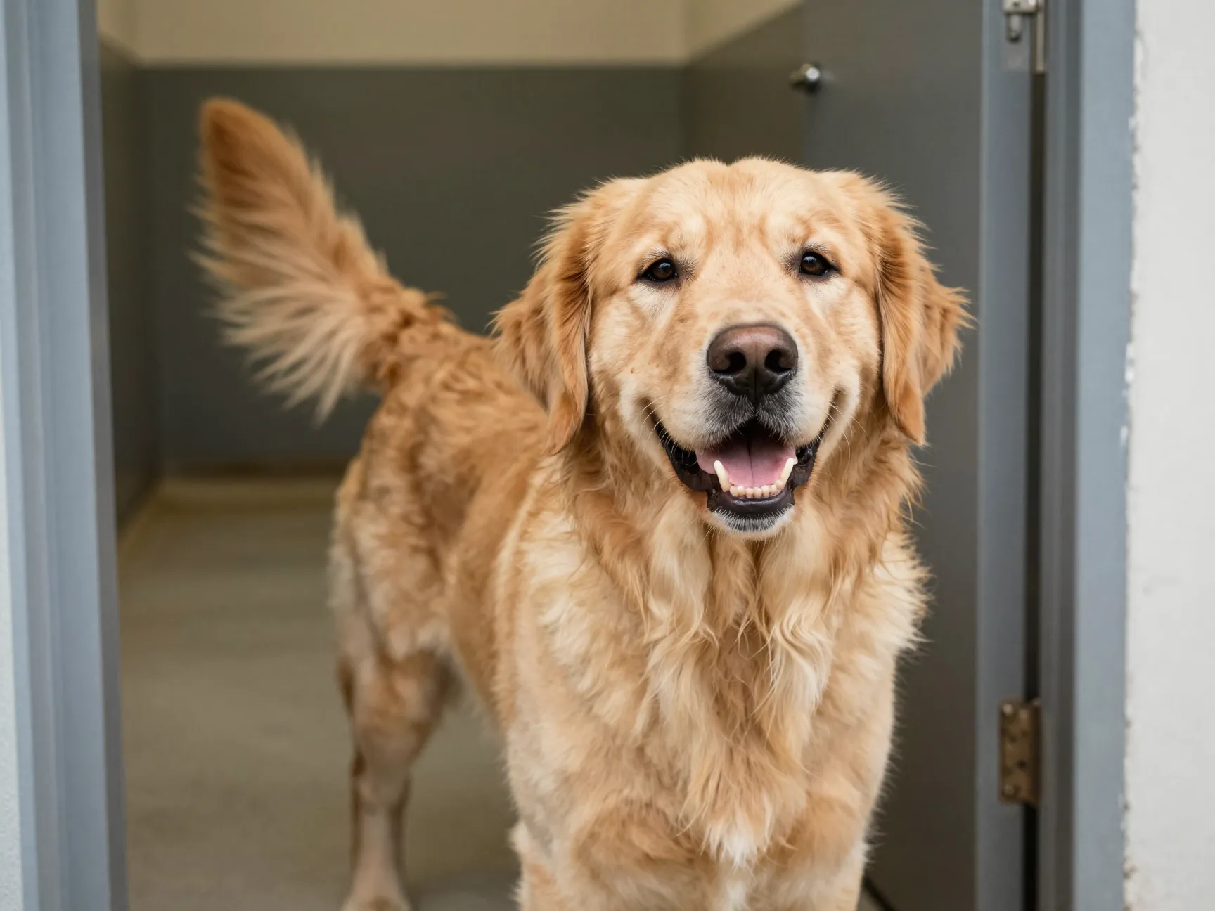 Buddy the golden retriever wagging tail greeting visitors at a shelter door