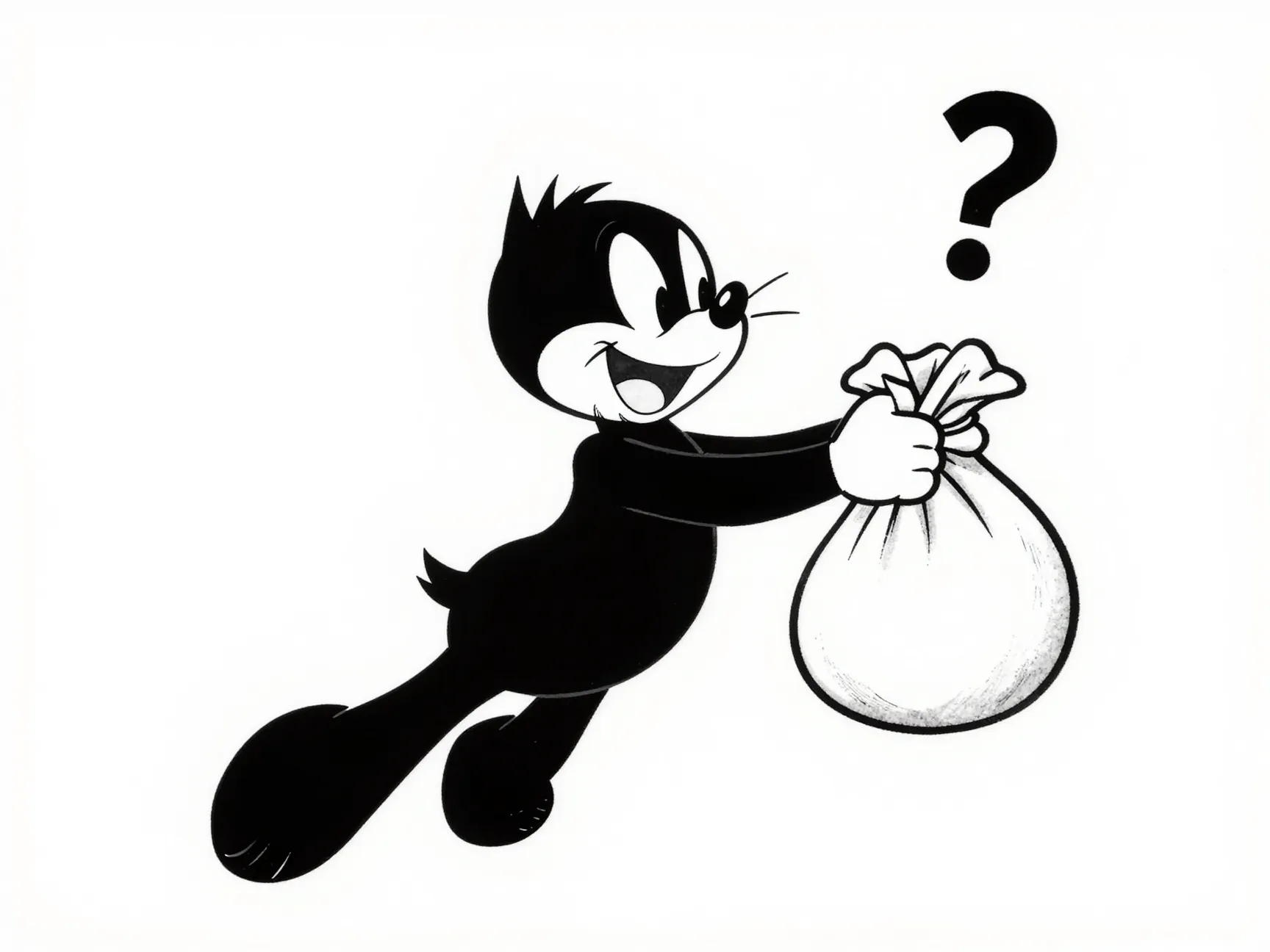 Felix the cat floating with magic bag in black and white