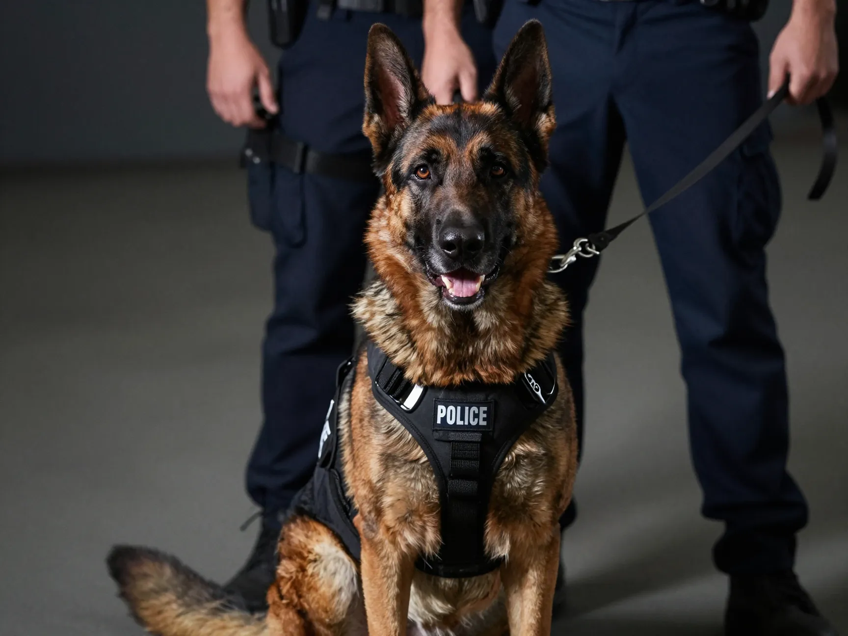 A focused dutch shepherd k9 in a police vest ready for action