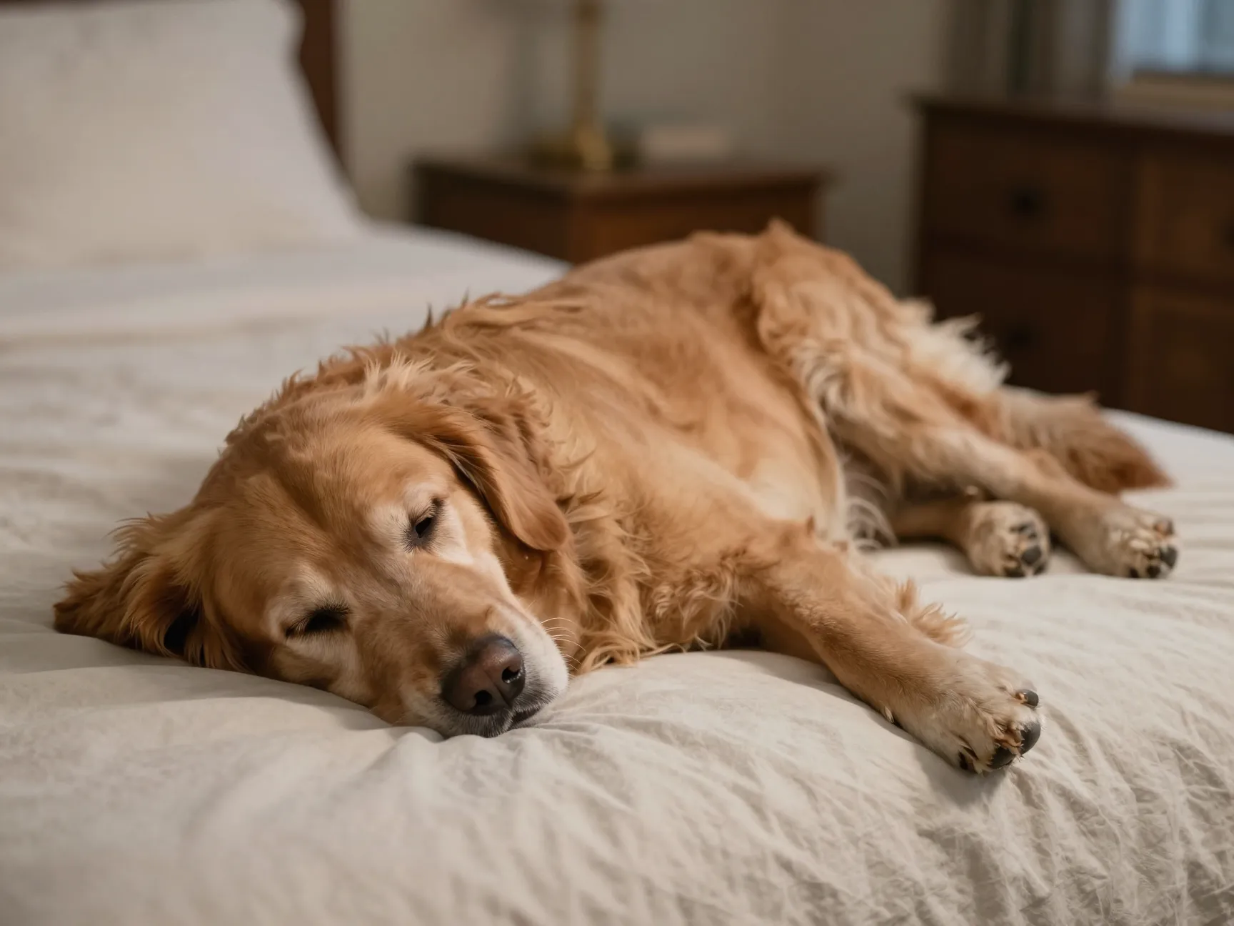 Daisy the senior golden retriever sleeping at foot of her owners bed