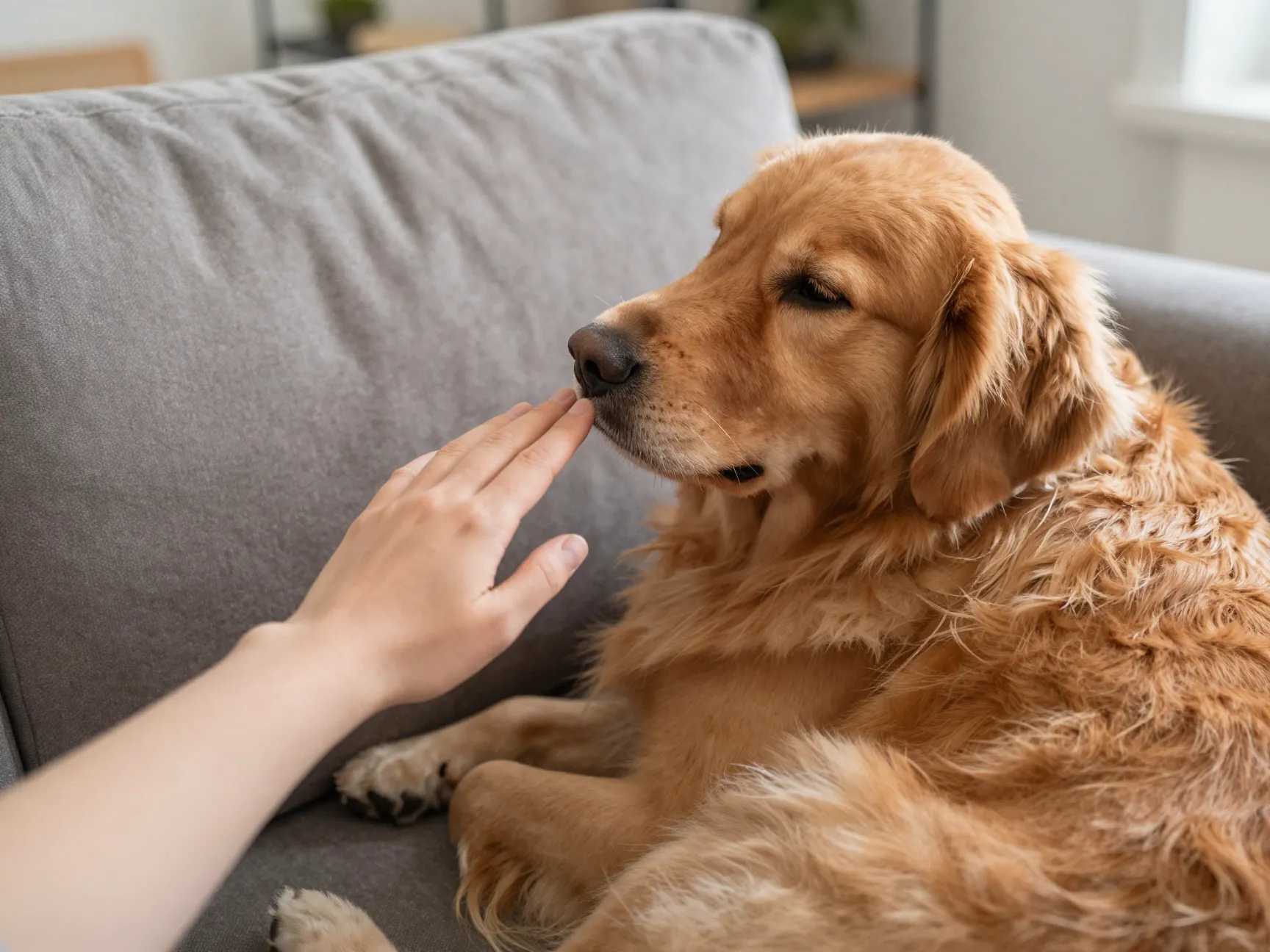 Max the golden retriever nudging hand for attention curled up on couch