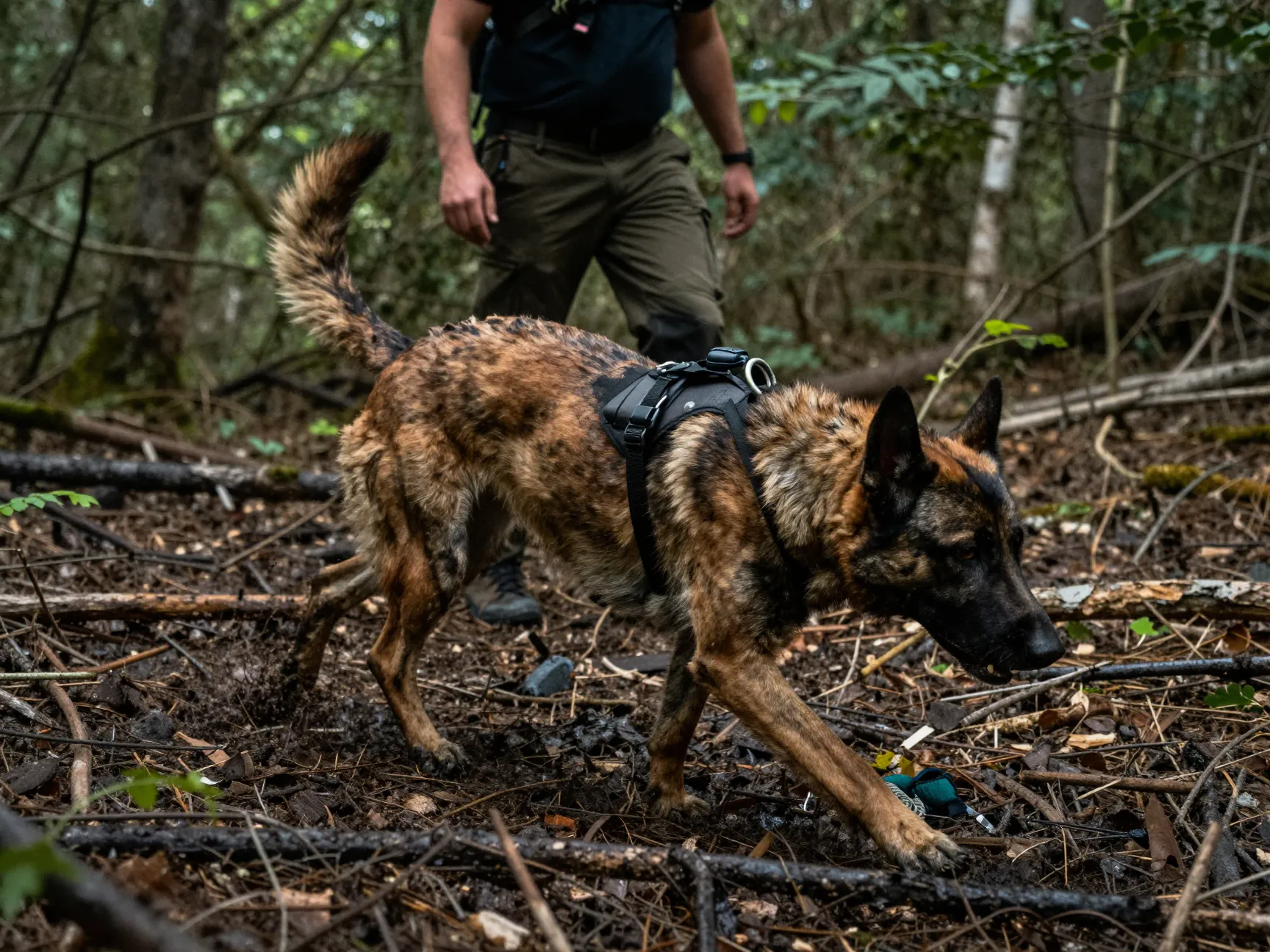 A determined dutch shepherd trailing through dense forest on a search