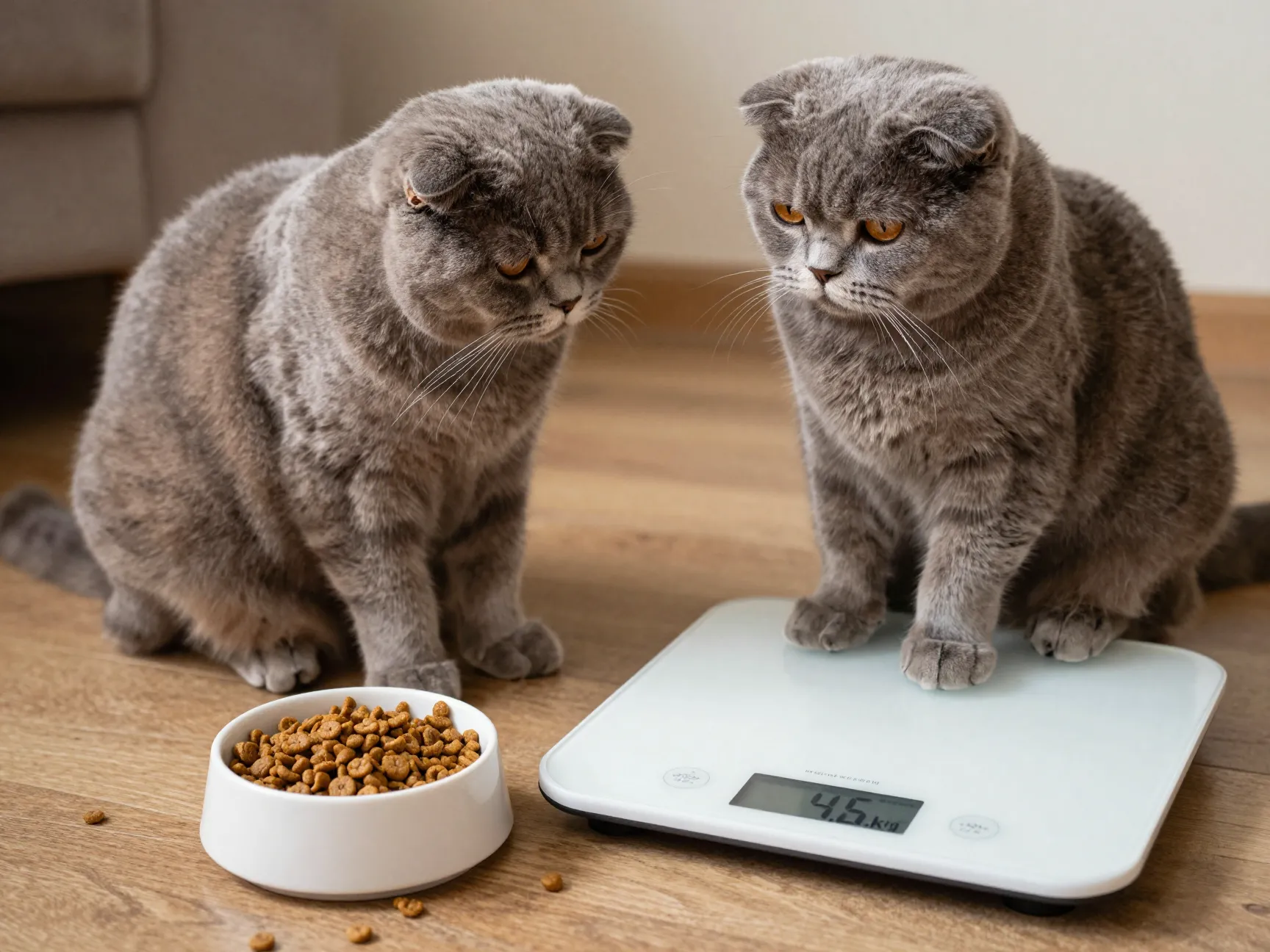 British fold cat sitting next to measured food portions and scale