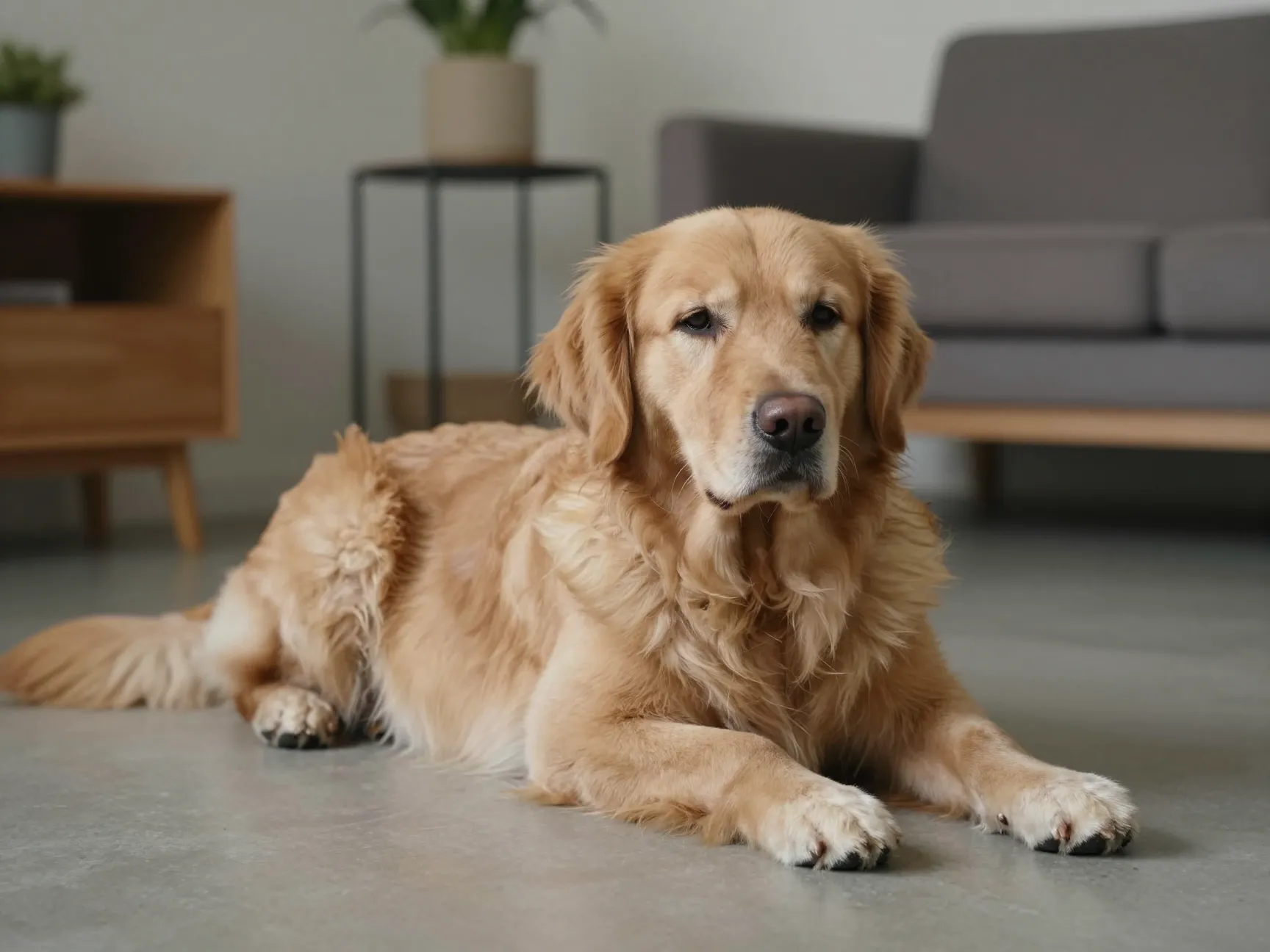 Luna the golden retriever relaxed alone in a calm home environment