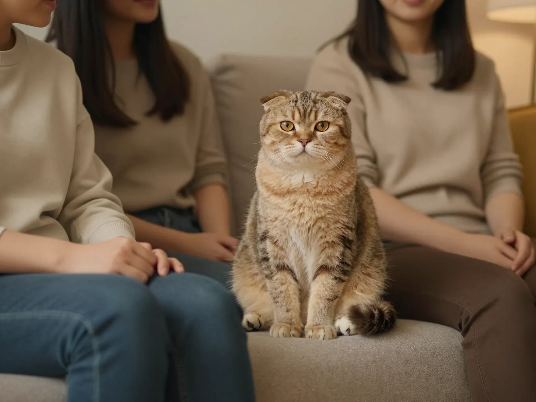 British fold cat sitting upright in buddha pose with family