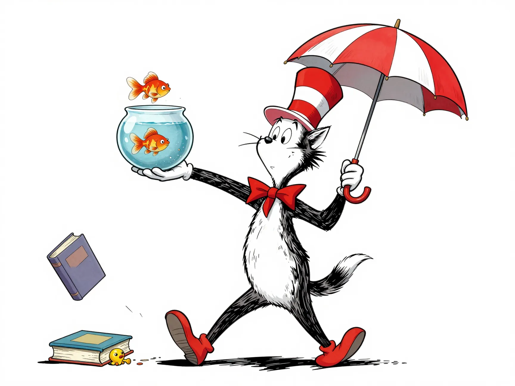 Cat in the hat balancing fishbowl on his umbrella