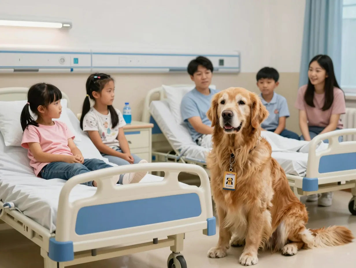 Charlie the golden retriever calm presence visiting a childrens hospital