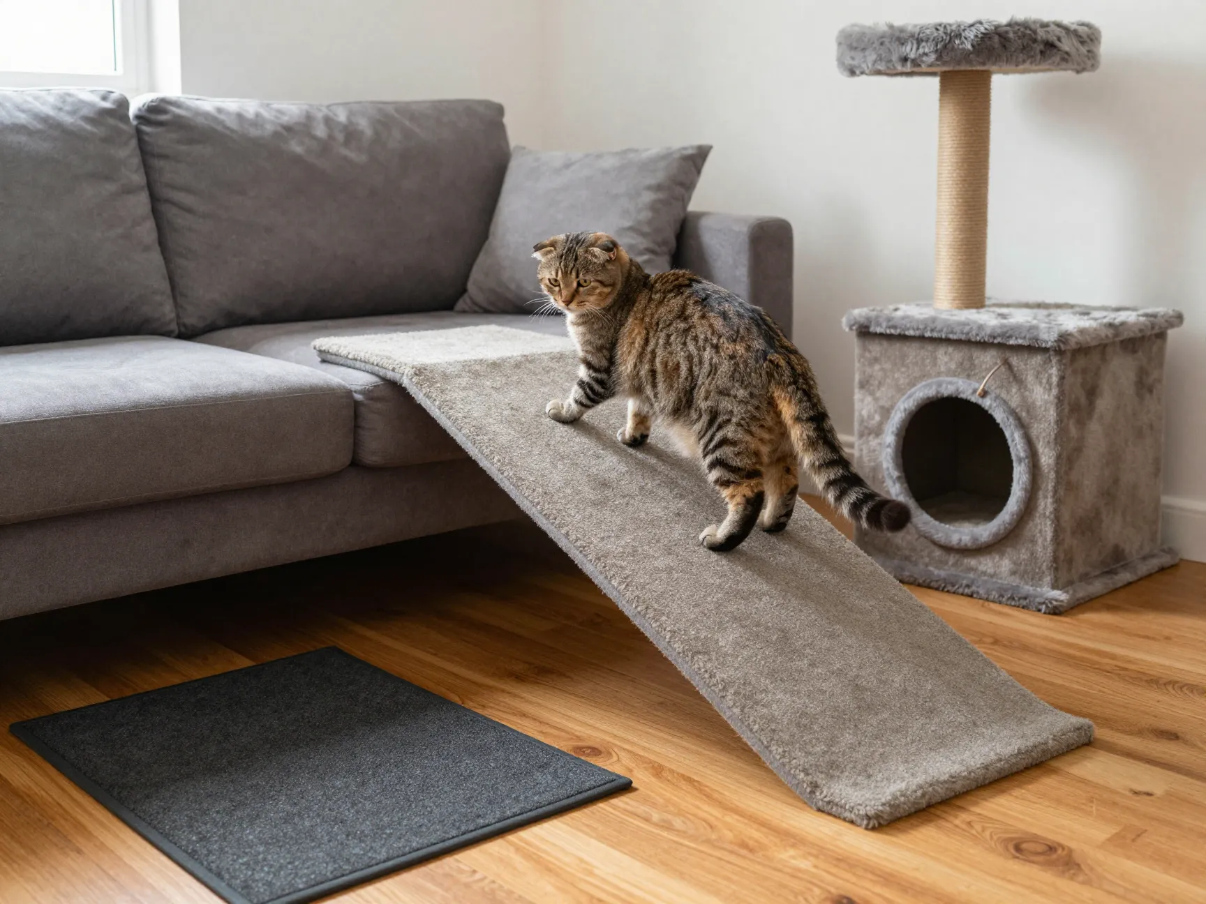 Cat steps and ramp helping british fold reach a low sofa