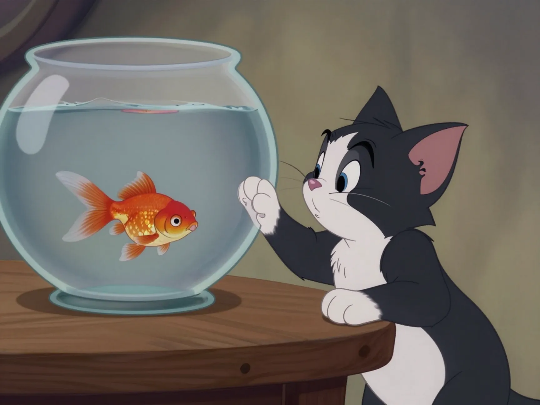 Figaro kitten reaching for cleo the goldfish bowl