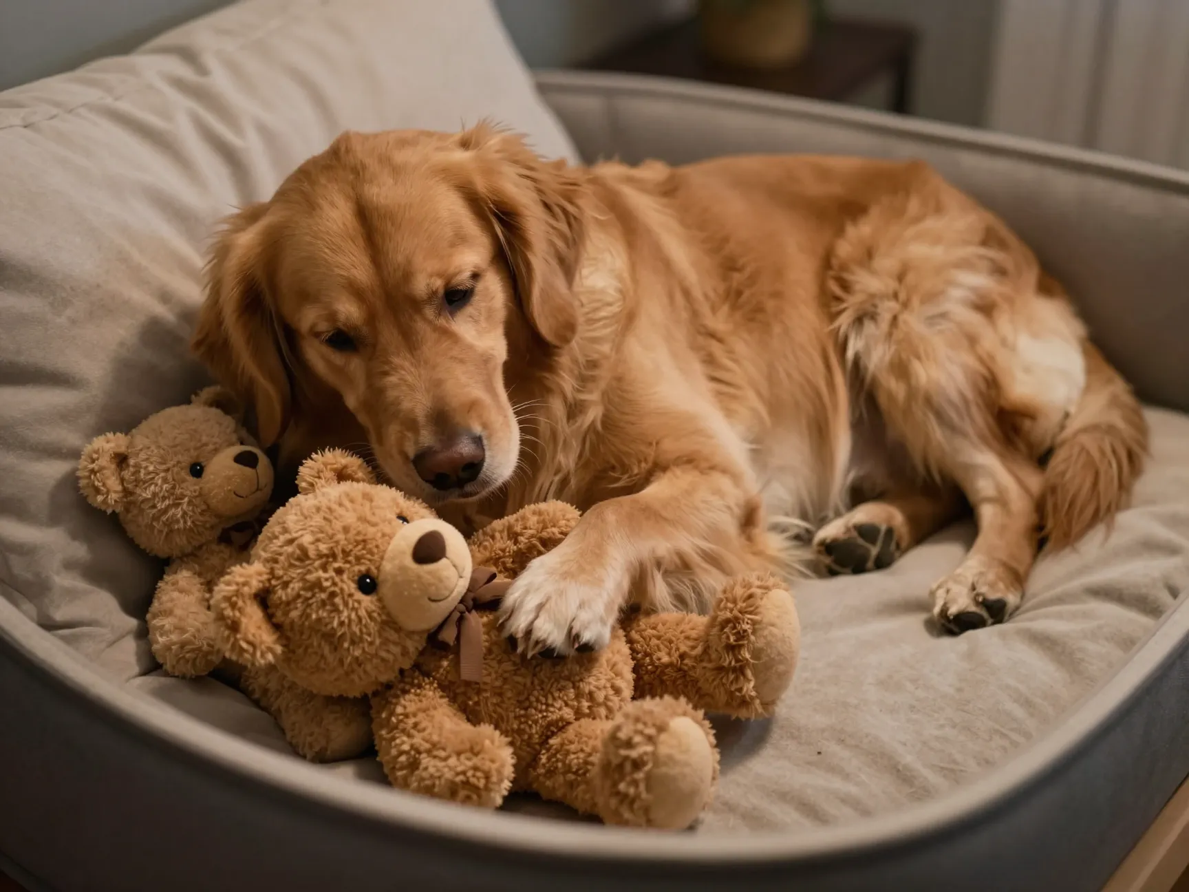 Rosie the golden retriever tucking stuffed bear into her bed at night