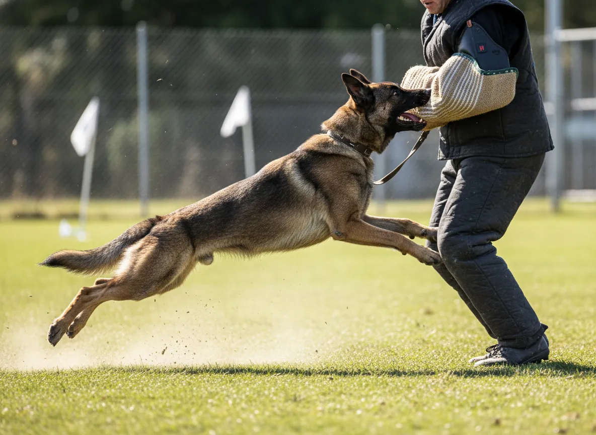 A dutch shepherd gripping a bite sleeve with full drive in protection sport