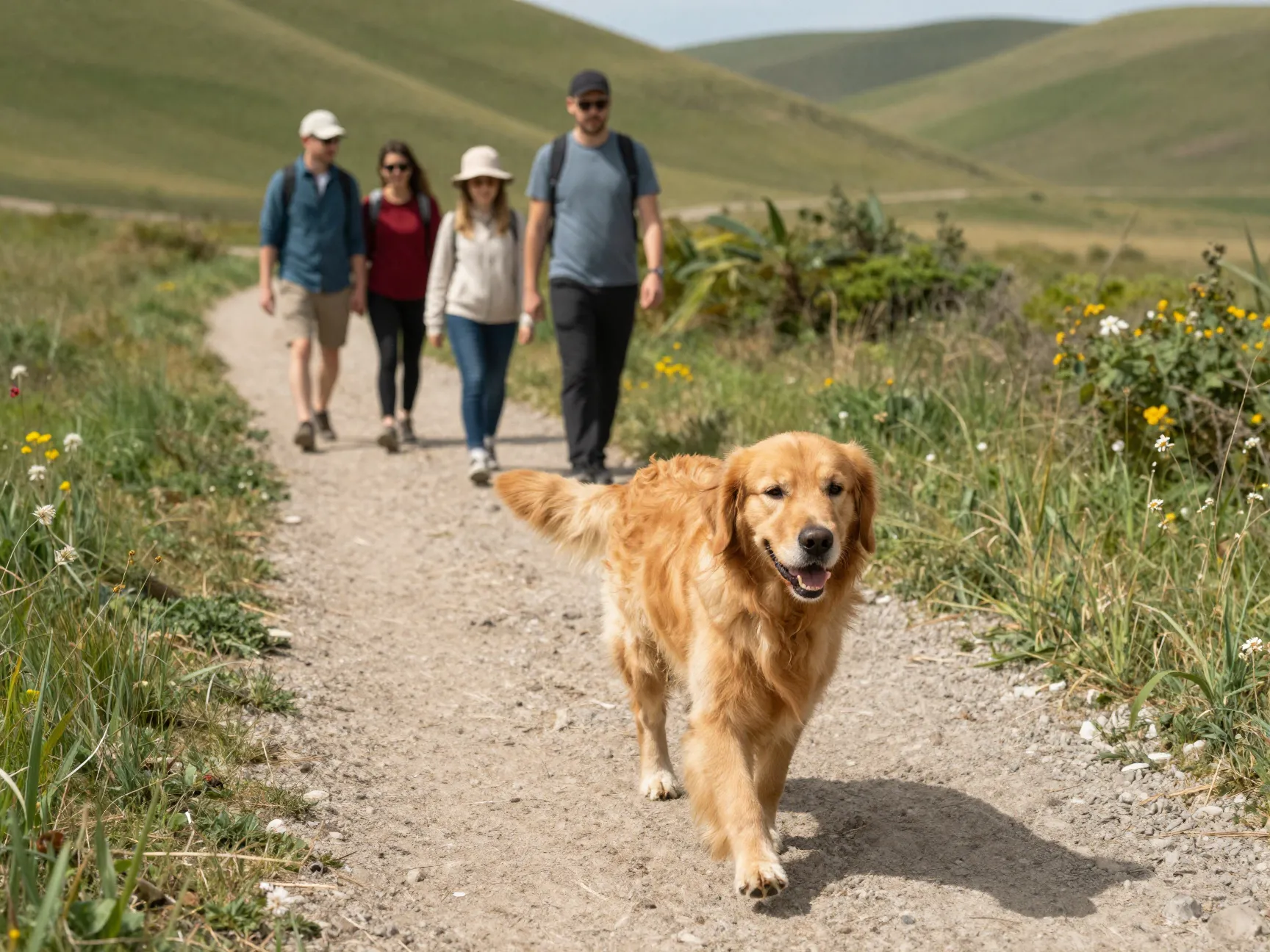 Bear the golden retriever hiking trails with his family every weekend