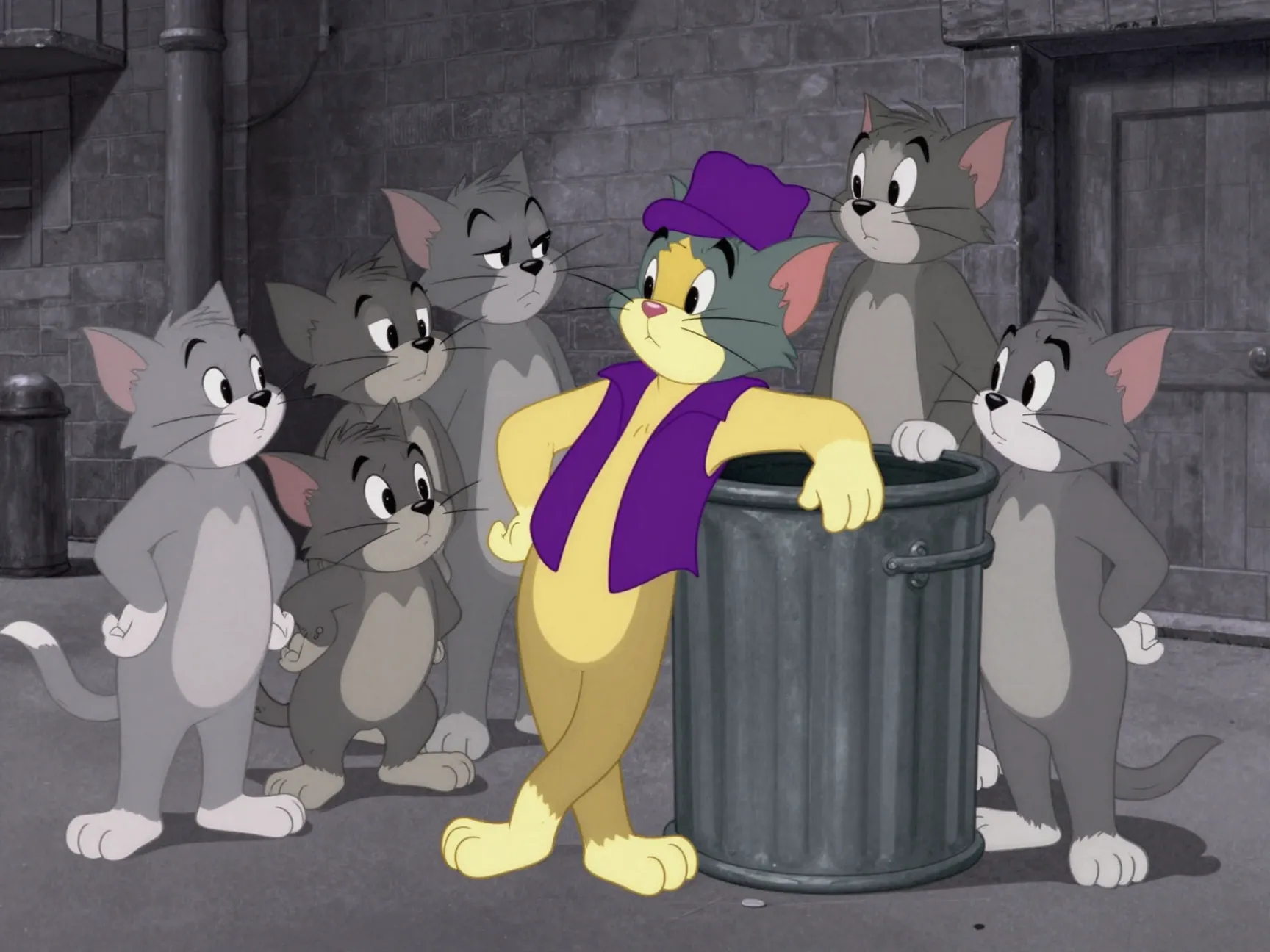 Top cat with gang leaning in city alley at night