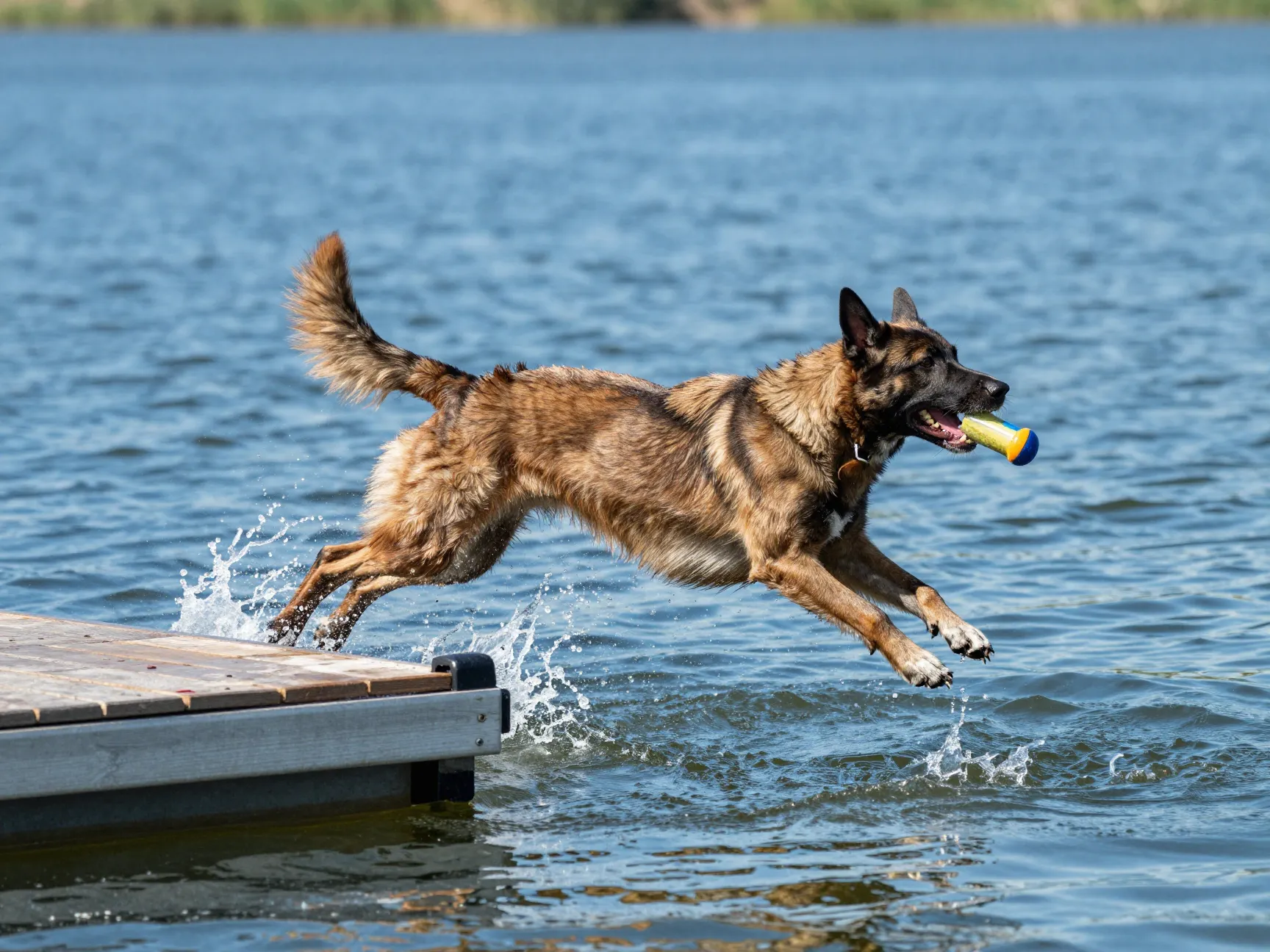A joyful dutch shepherd launching off a dock into water for a toy