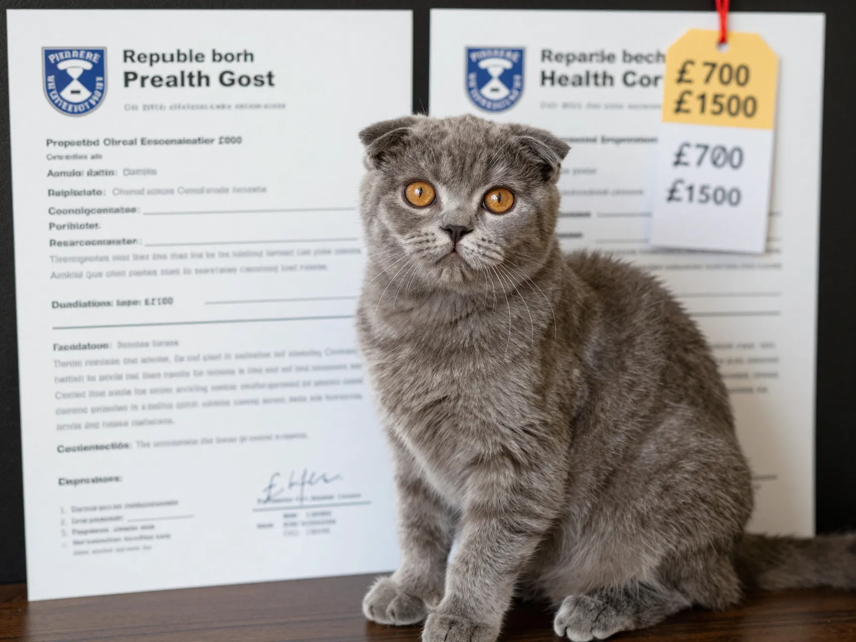 British fold kitten with paperwork and price tag reflecting ethical cost